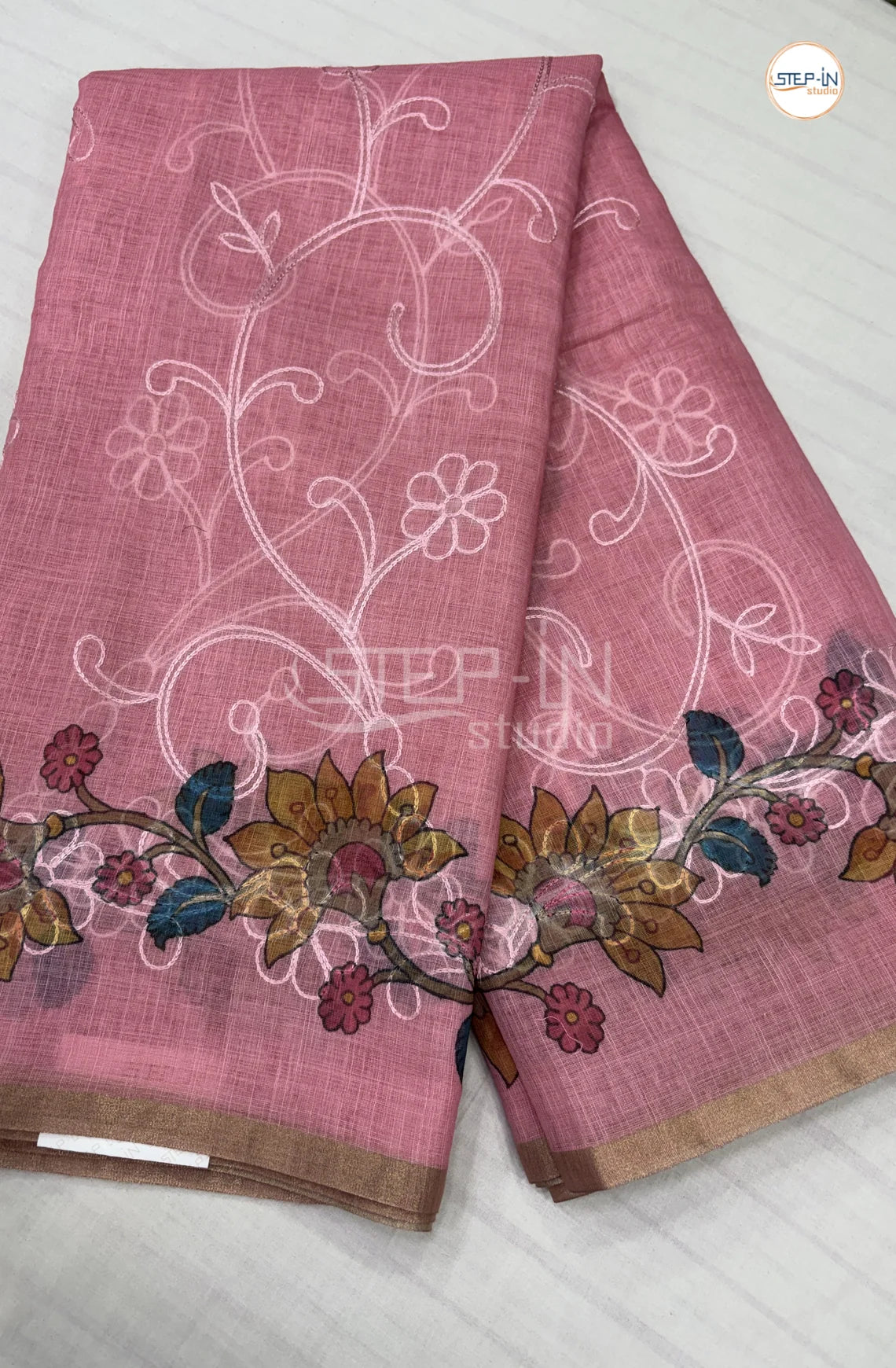 Officewear Printed Linen Cotton Saree-Rose Pink