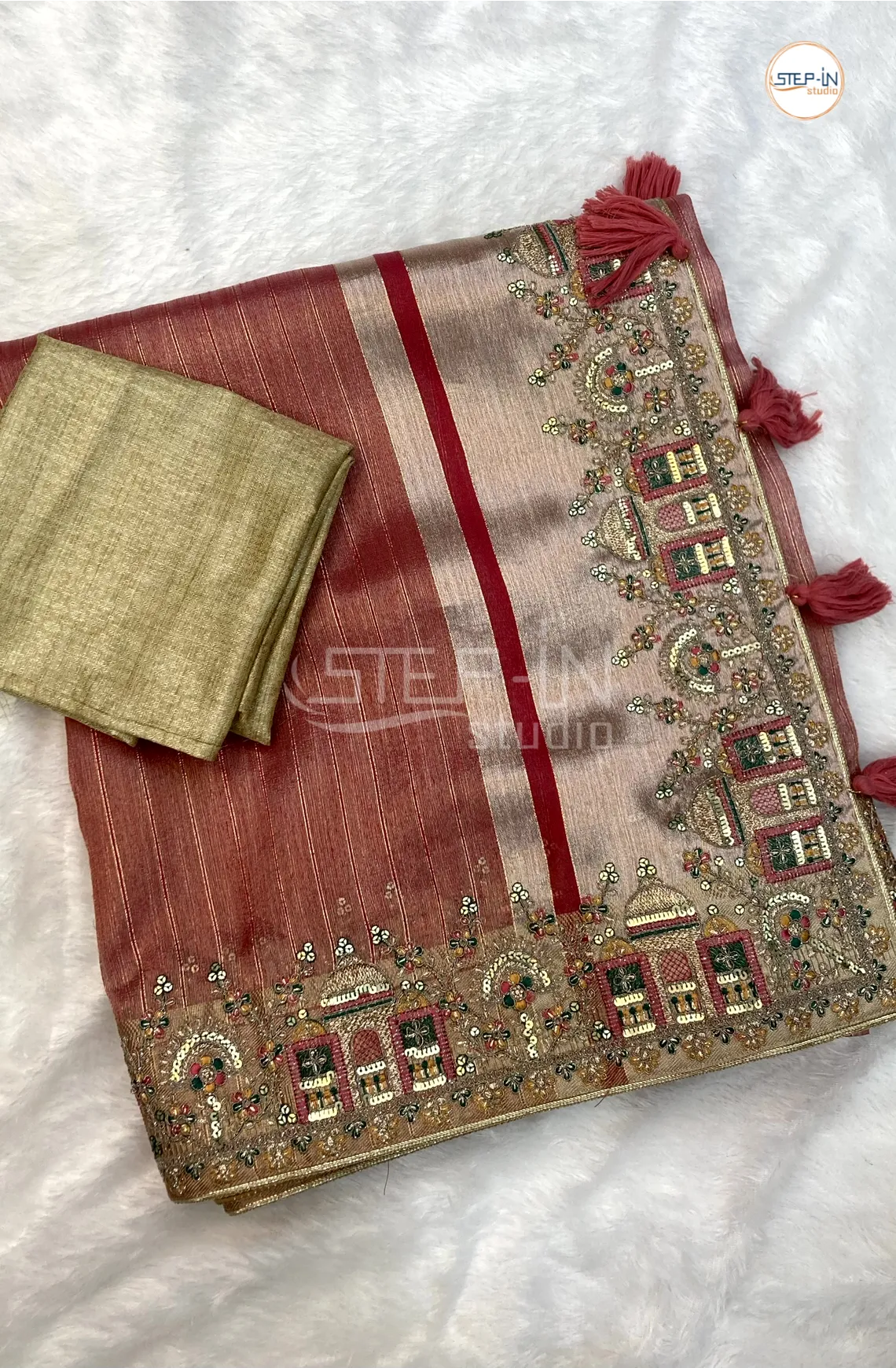 Pink Striped Design Partwear Tissu Saree With Zari and Jamki Work Pallu and jamki Work Border & Contrast Blouse