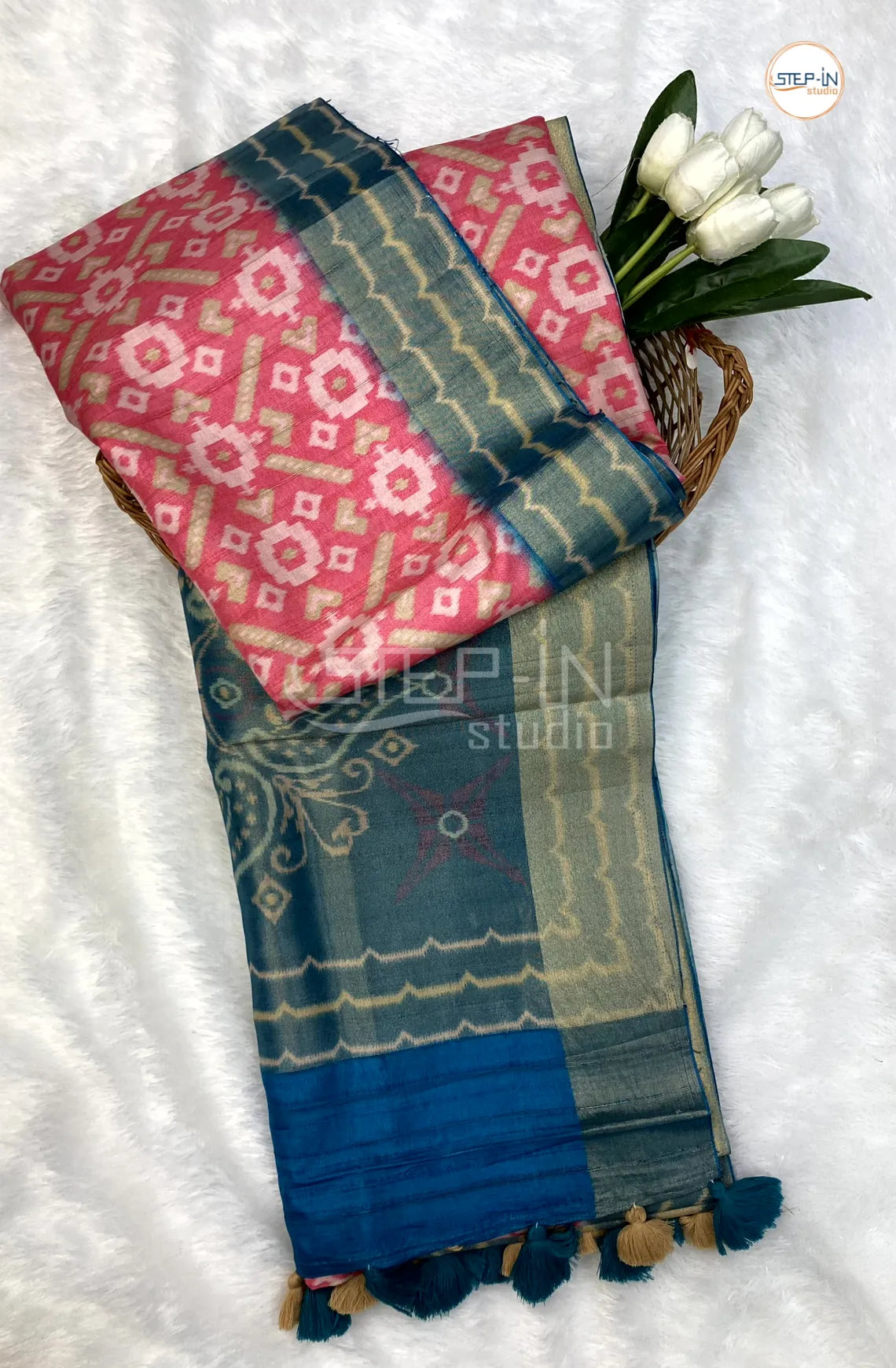 Pink & Blue Pochampally Design Dupion Saree With Contrast Ikat Design Pallu and Border & Contrast Blouse