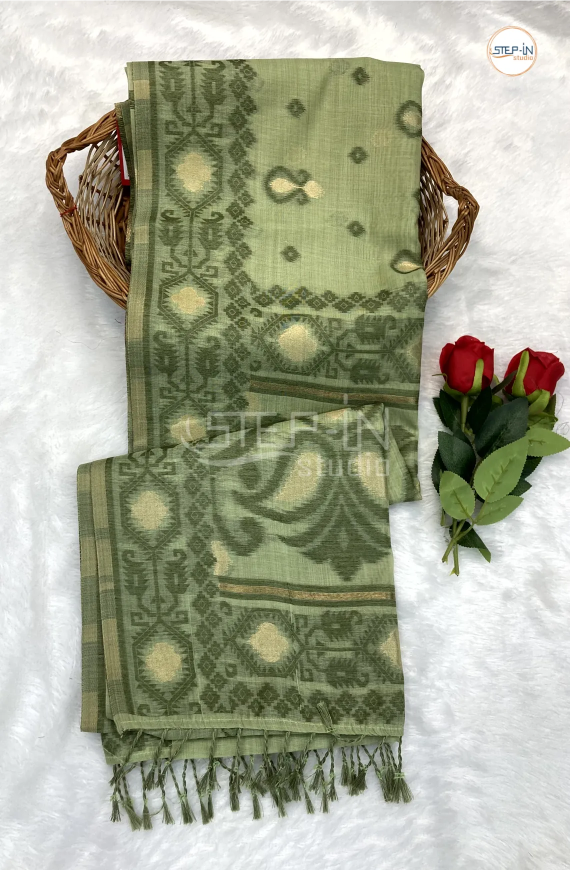 Pista Green & Pine Green Jamdani Weave Design Cotton Saree With Ikt Design Contrast Pallu & Border and Self Blouse