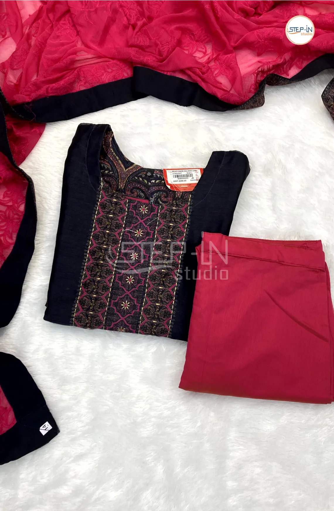Plain Neck Stone Work Kurta With Straight pant & Contrast Embroiderd Work Dupatta-Navy & Pink