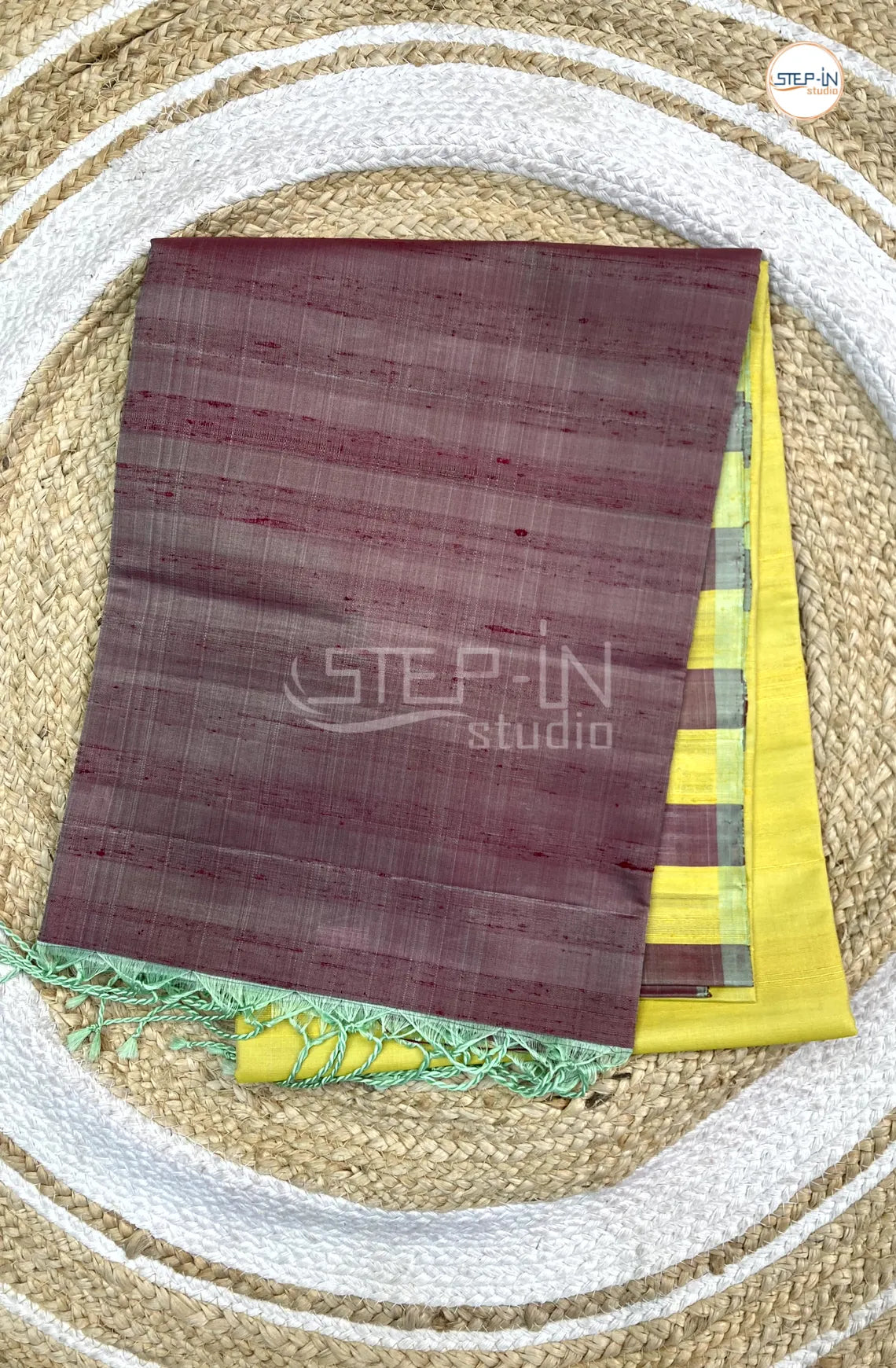 Plain Raw Soft Silk Saree With Contrast Boluse and Pallu - Lime Yellow & Maroon