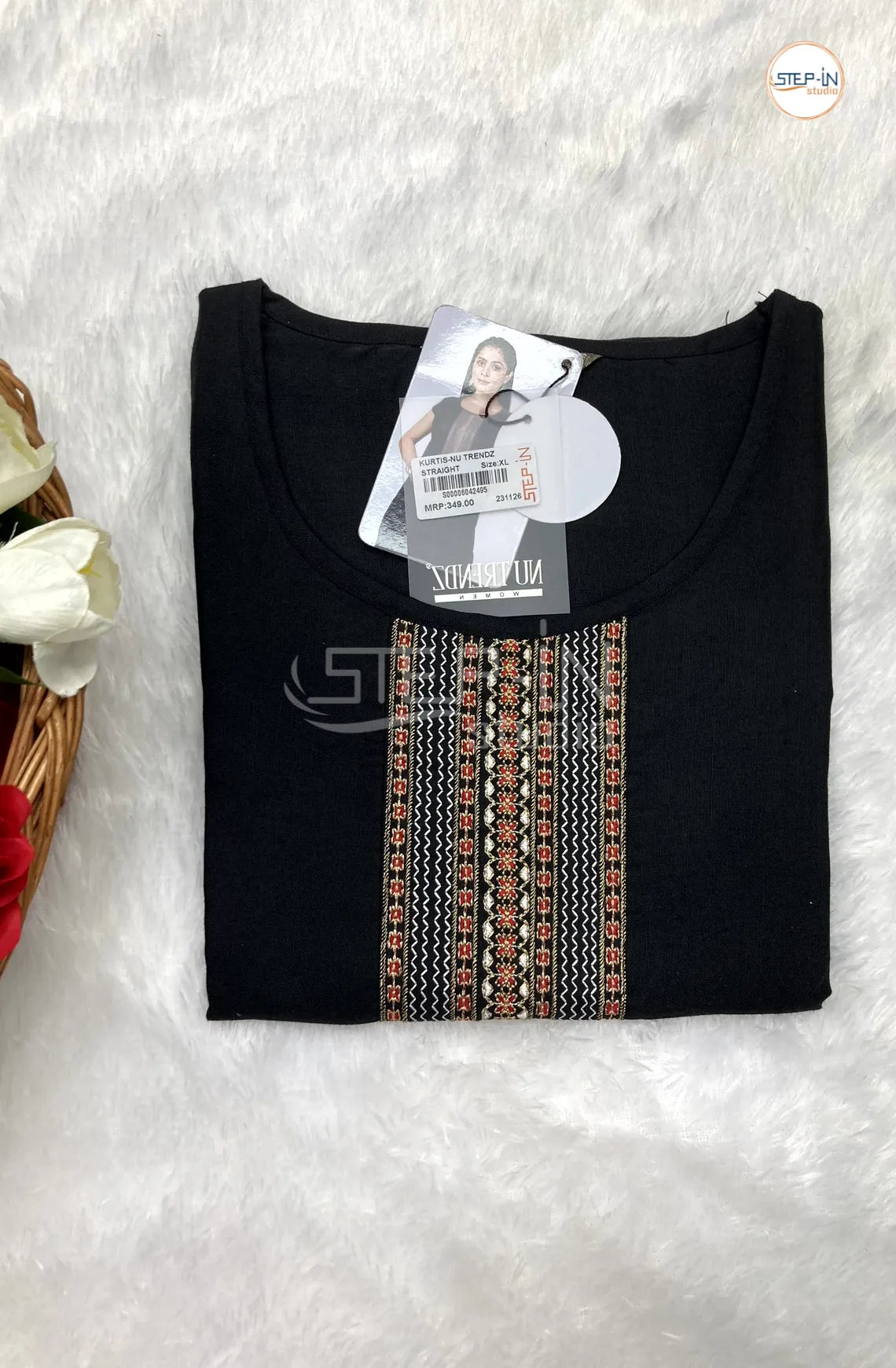 Plan Neck Embroided Top - Black & Silver