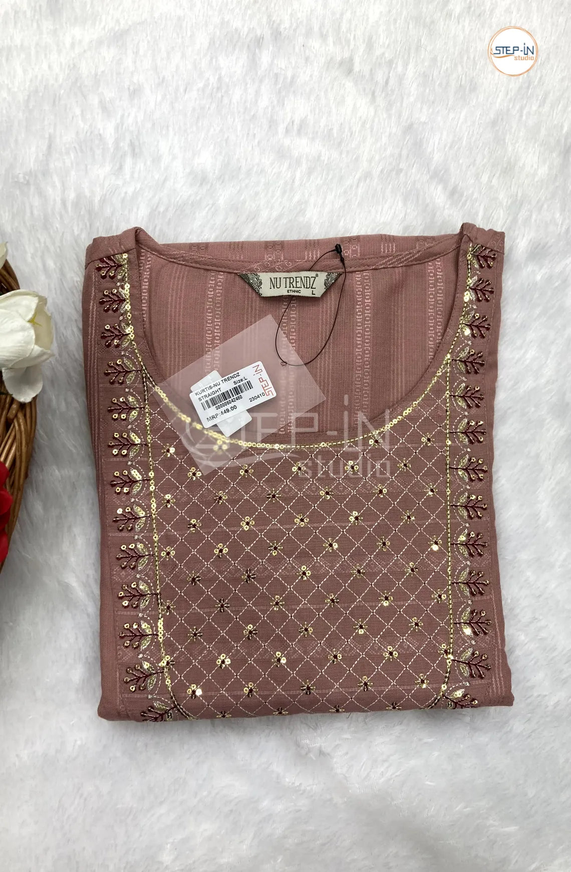 Plan Neck Embroiderd Cotton Top - Pink Tan