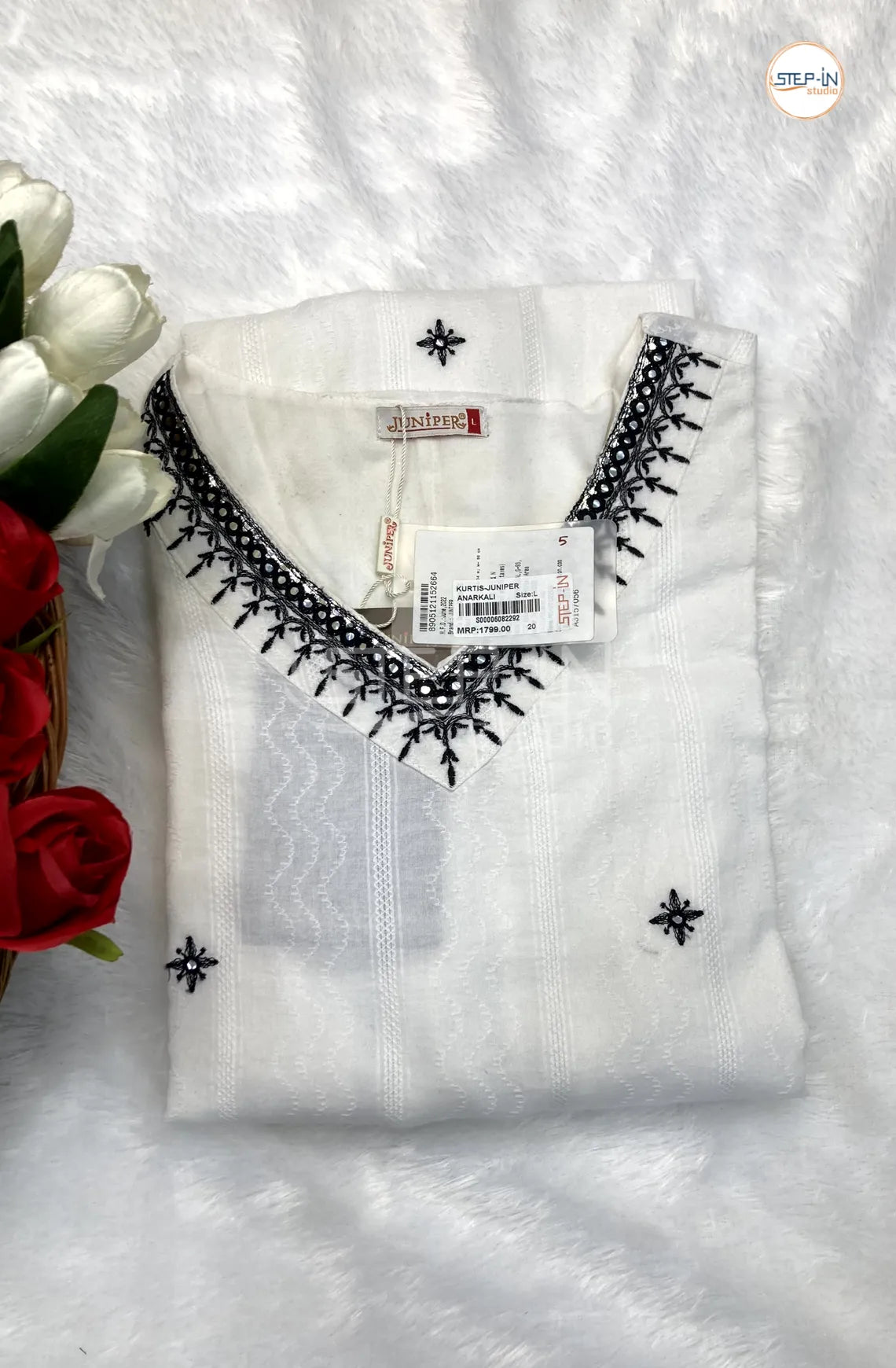 Plan Neck Embroiderd Cotton Top -White & Black (2)