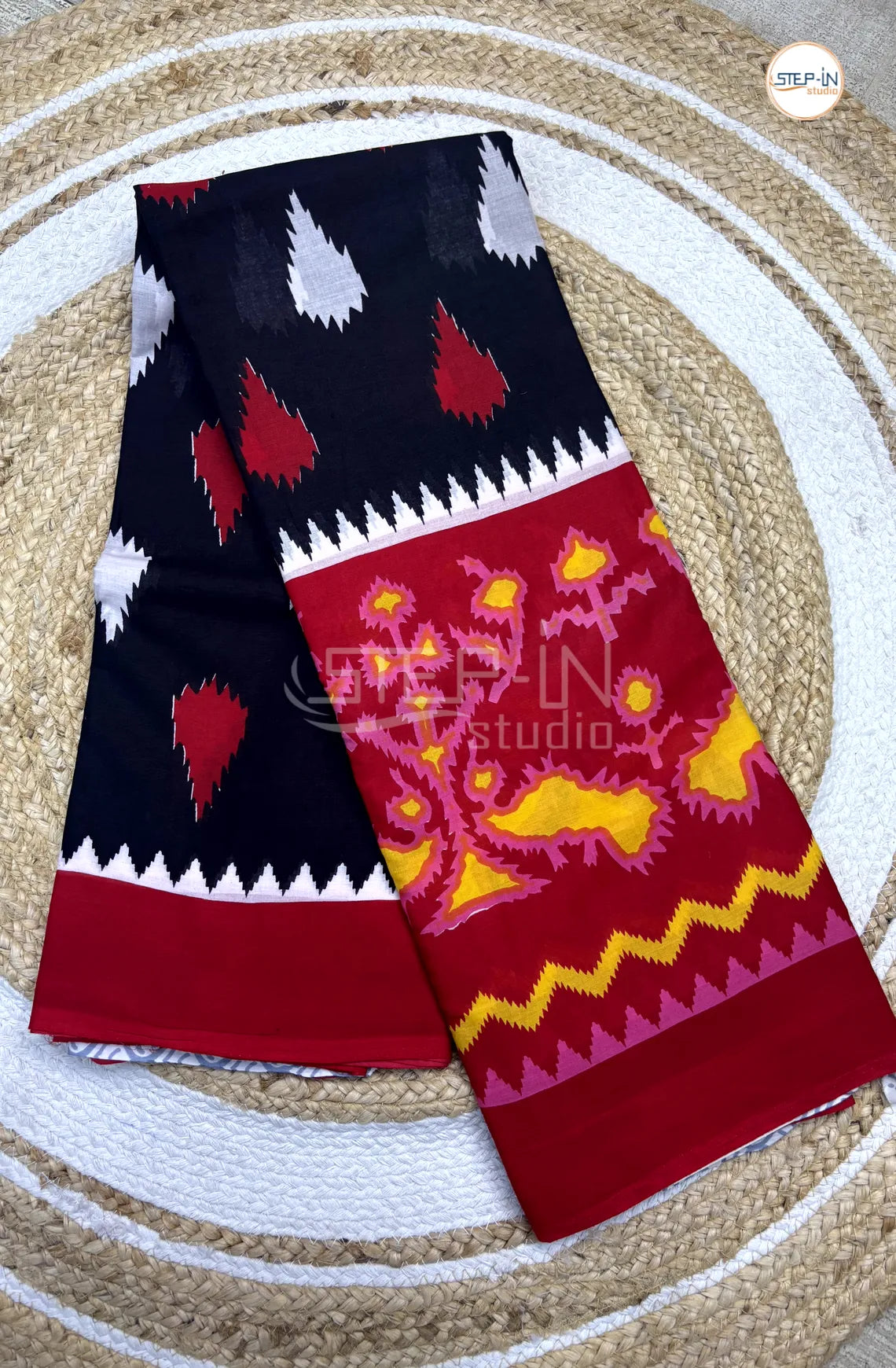 Pure Black & Red Color Soft Cotton Saree With Ikat Print & Chevron Design Border and Self Printed Blouse