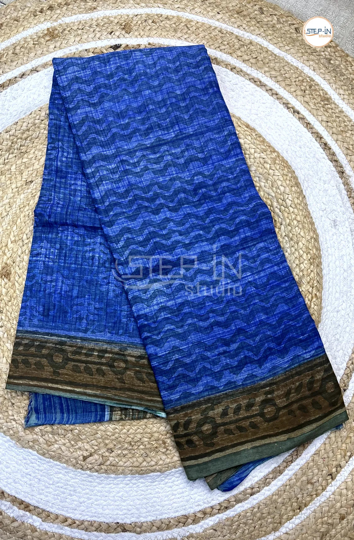 Pure Blue Color Soft Cotton Saree With Chevron Print & African Design Contrast Border and Self Blouse