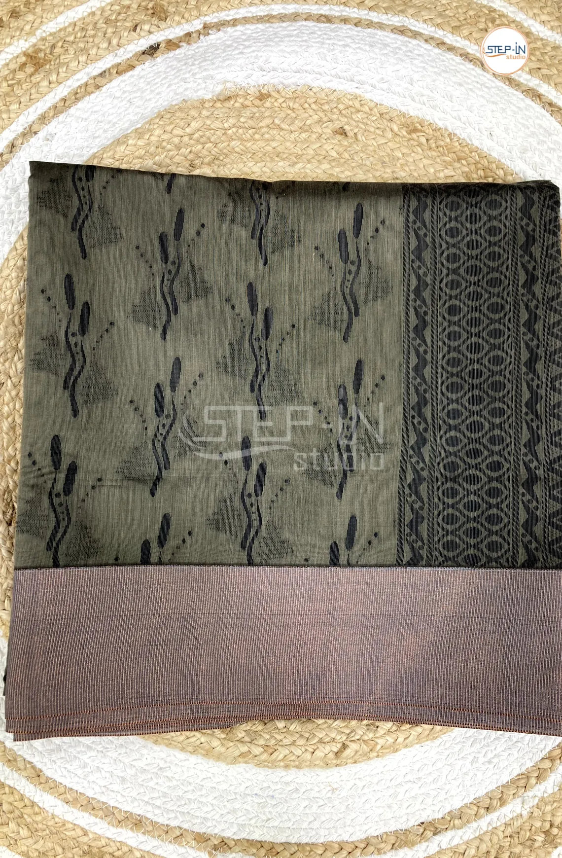 Pure Silk Cotton Saree With Floral Design Body -Green Grey