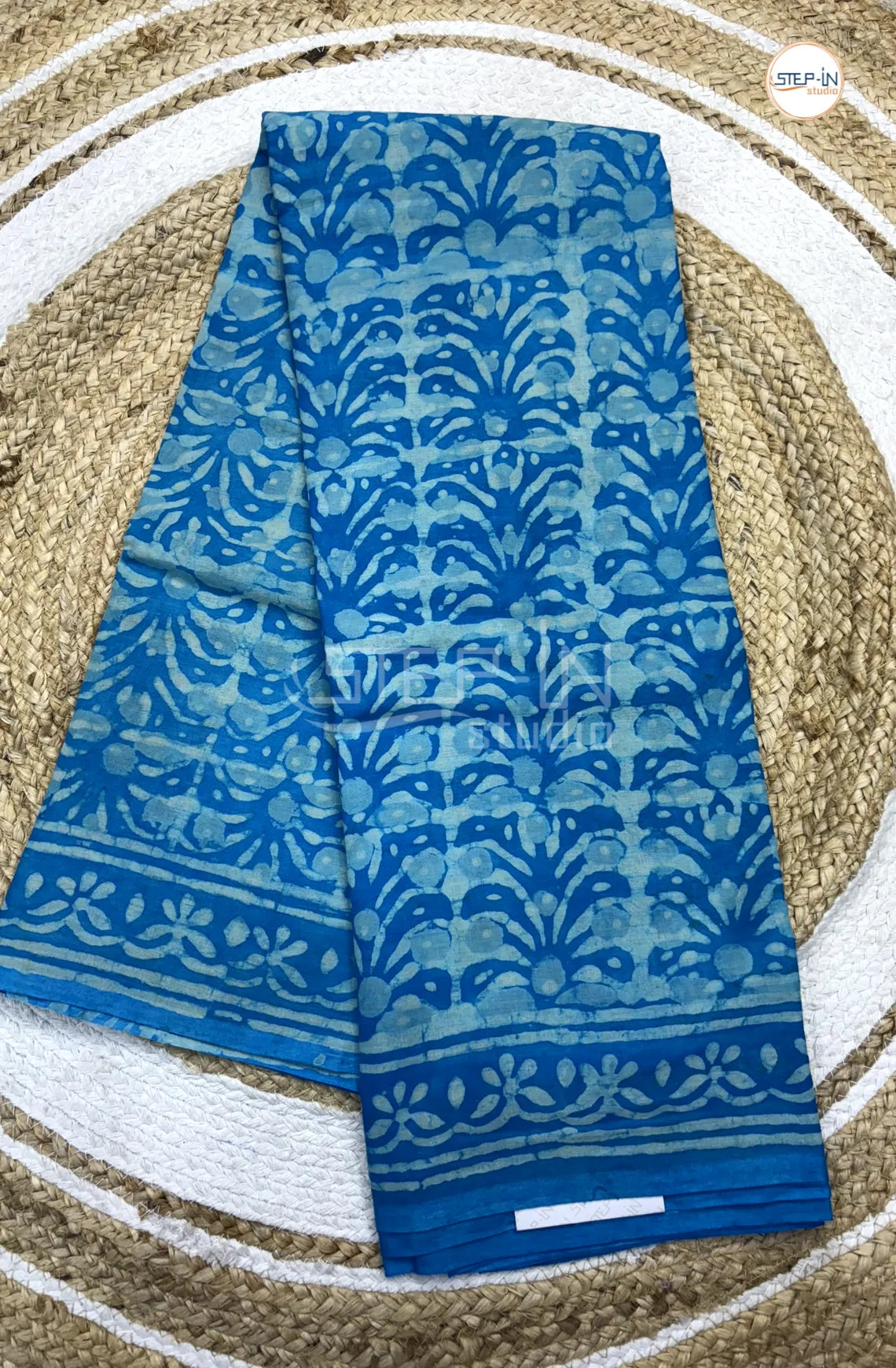 Pure Turquoise Blue Color Soft Cotton Saree With Geometric Print & Chevron Design Border and Self Blouse