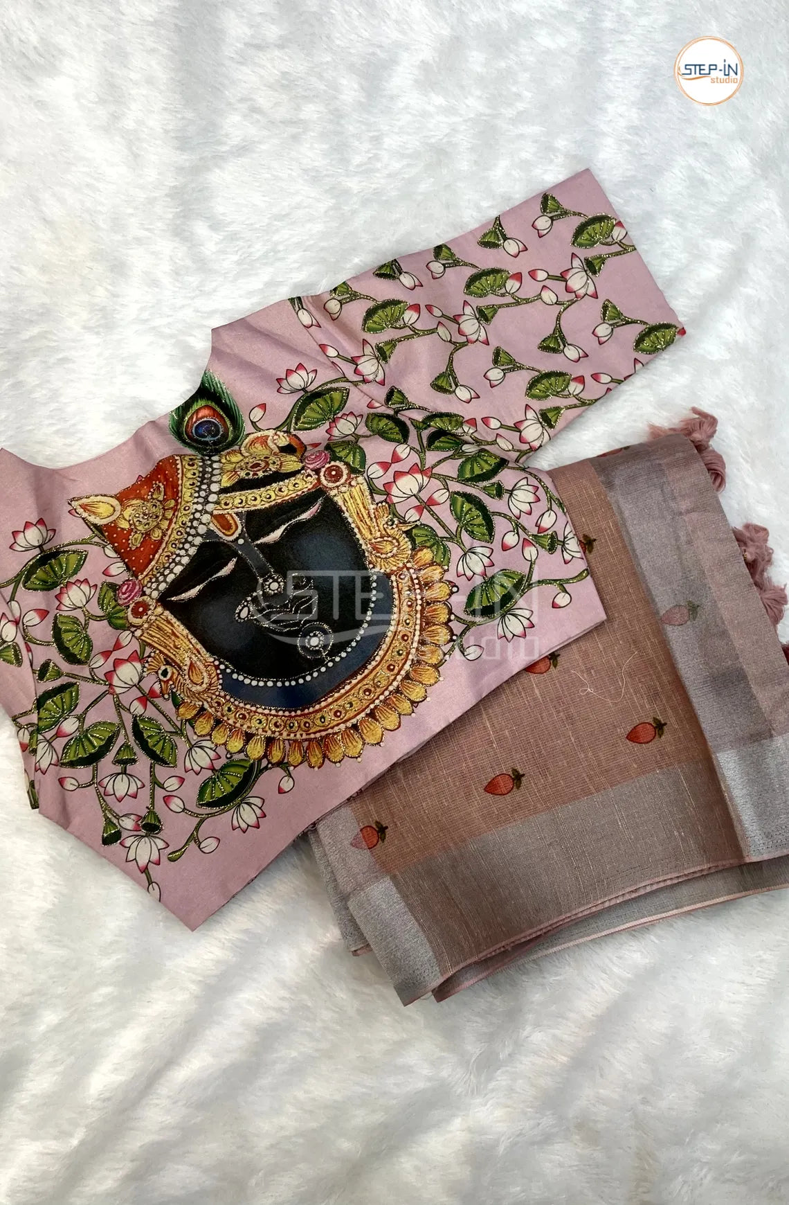 Quartz Rose Kota Flower Printed Saree With Photograpy Pallu and Silver Zari Border & Printed jamki Work Readymade Blouse