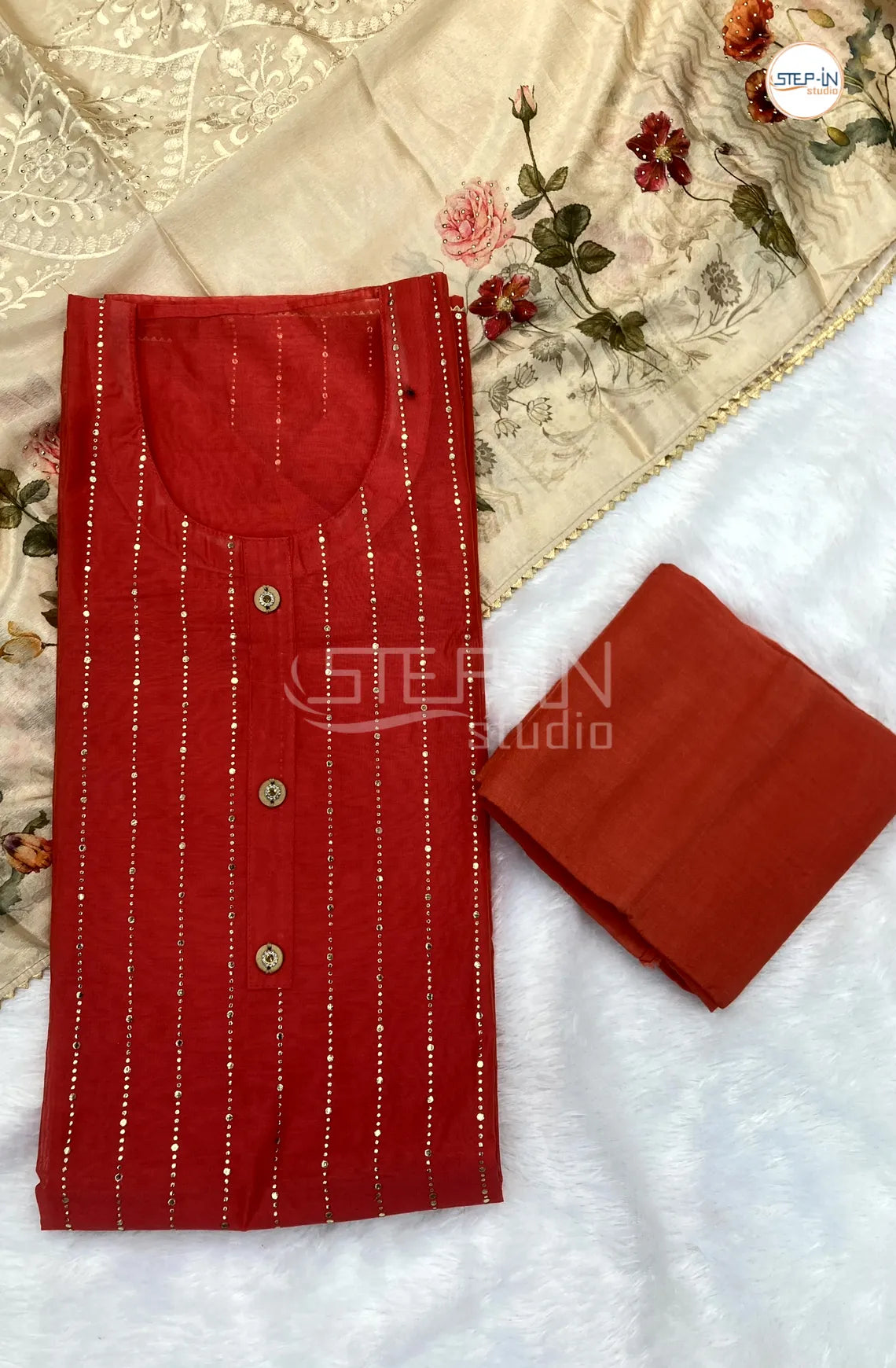 Red Silk Cotton Striped Stone Work Unstitched Dress Material