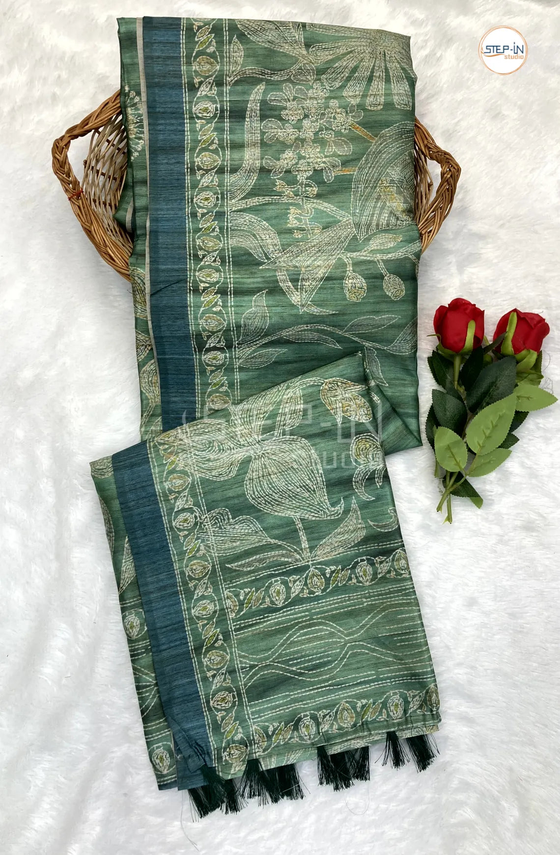 Sage Green Floral Hand Block Print Dupion Saree With Pallu & Border and Self Blouse