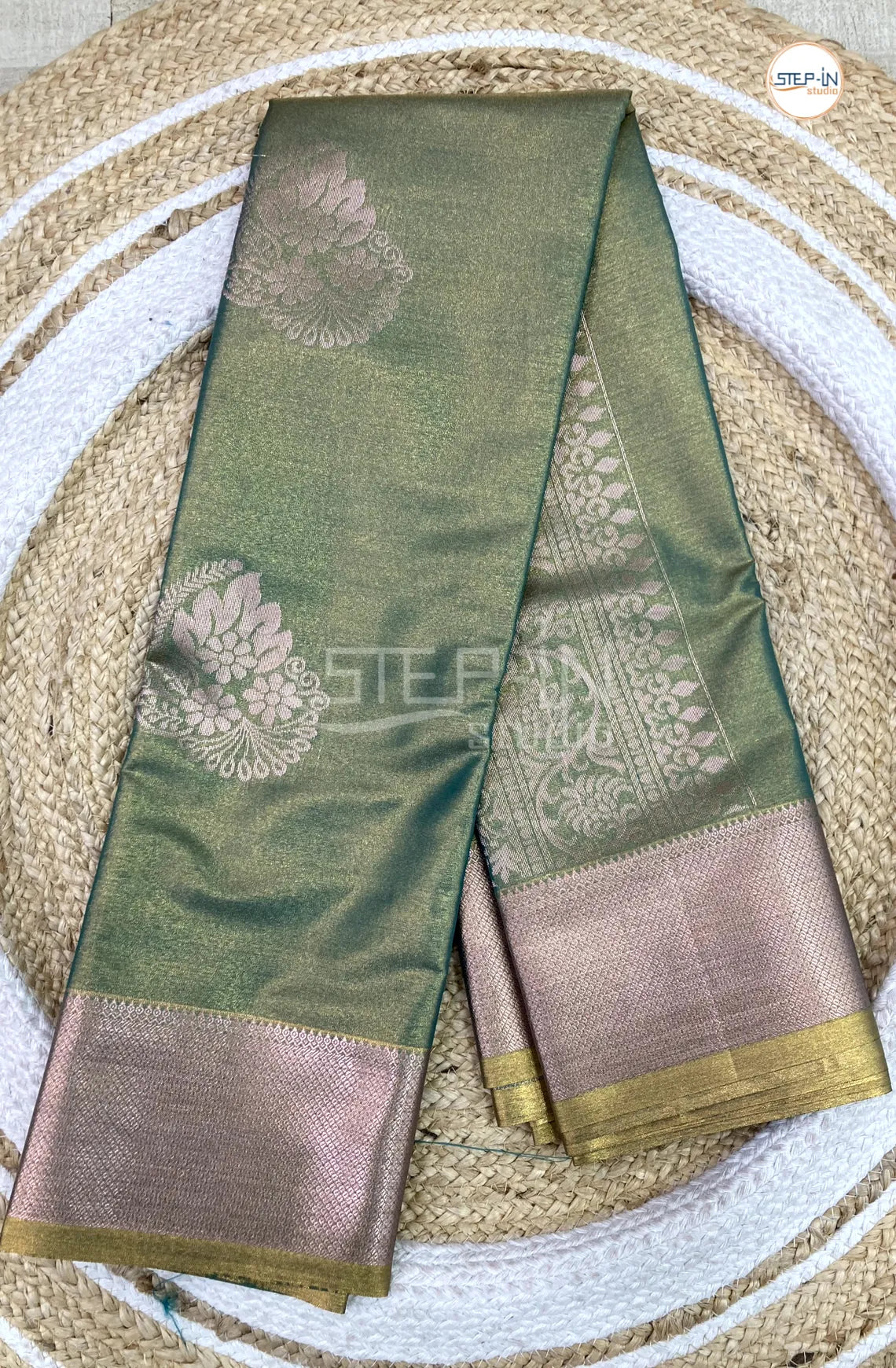 Semi Silk Saree With Self Blouse and Zari Border - Bottle Green