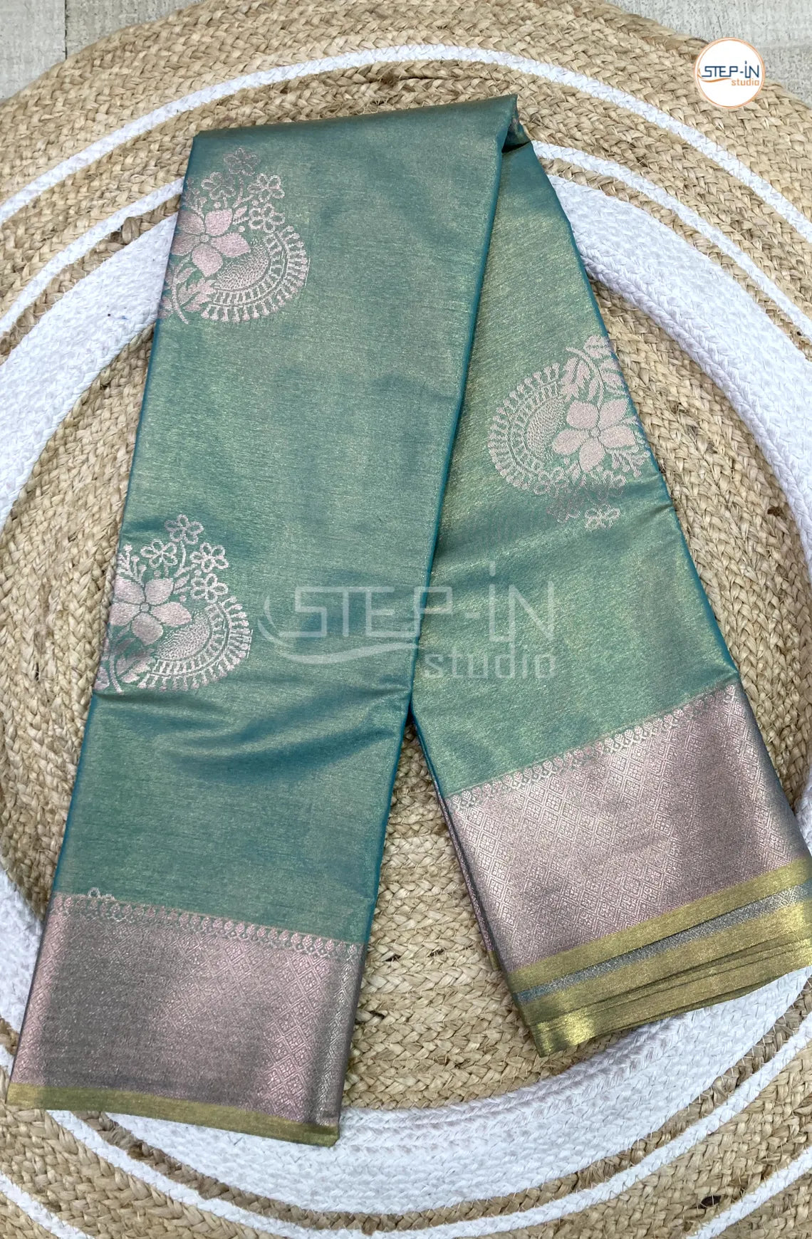 Semi Silk Saree With Self Blouse and Zari Border - Mint Blue