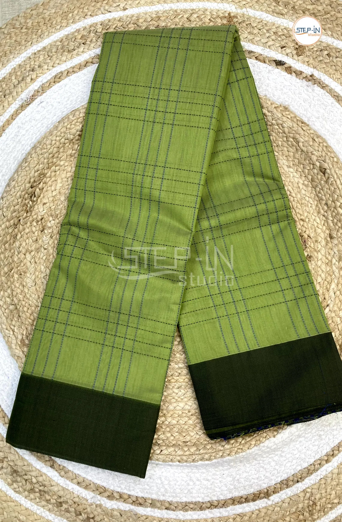 Silk Cotton Saree With Checked Body - LimeGreen with Dark Green