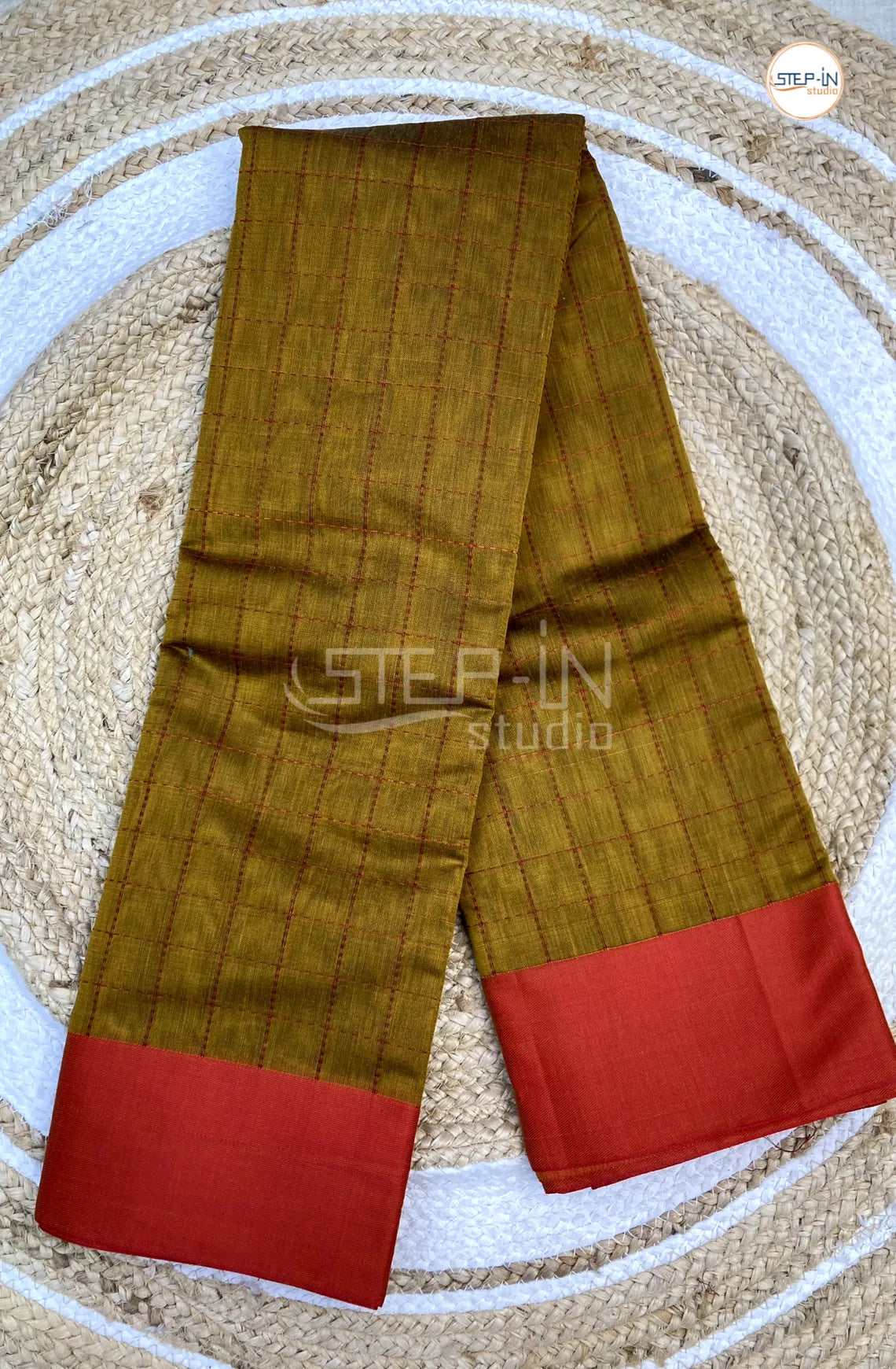 Silk Cotton Saree With Checked Body - Mustard Yellow with Red