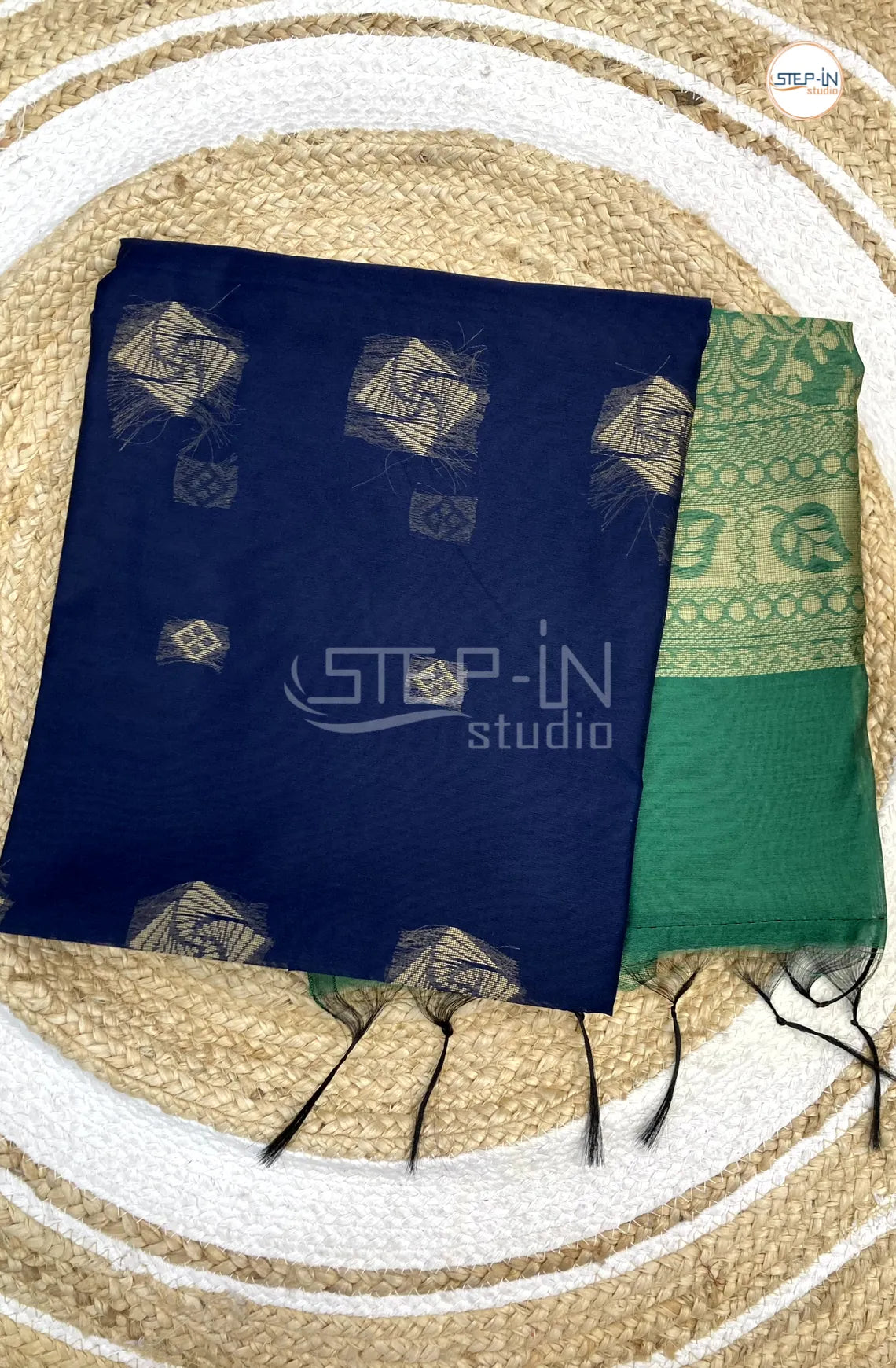 Silk Cotton Saree With Floral Body - Blue with Green