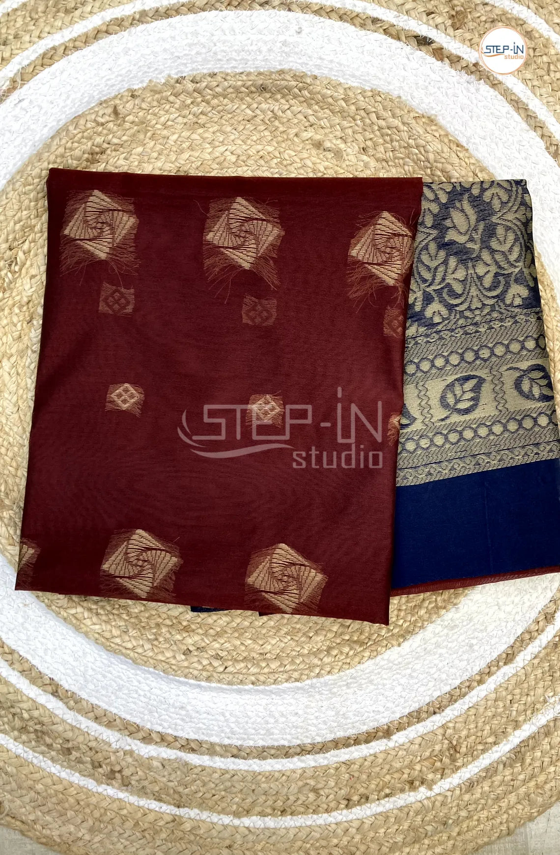 Silk Cotton Saree With Floral Body - Maroon with Blue