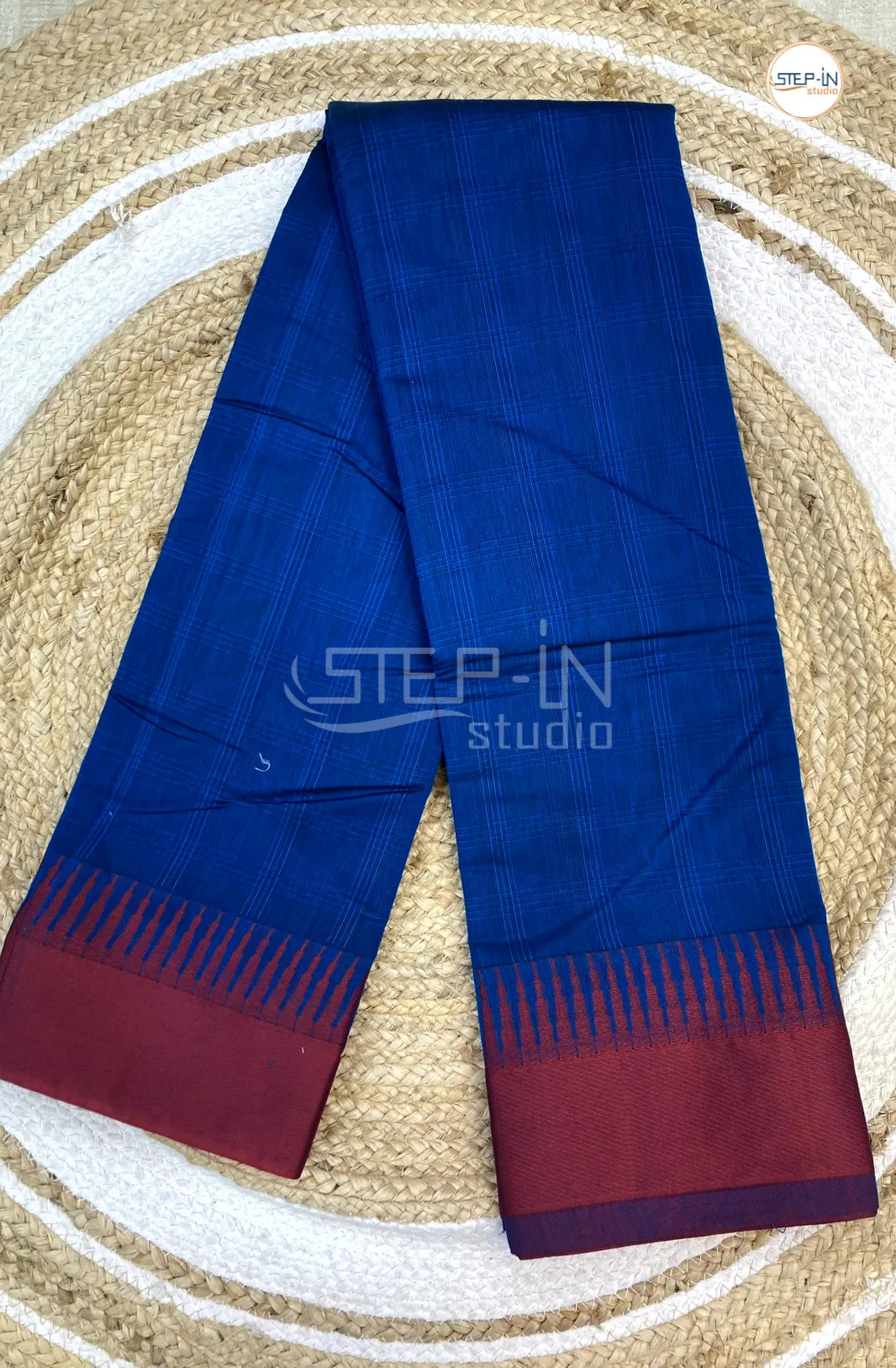 Silk Cotton Saree With Striped Body - Blue with Red
