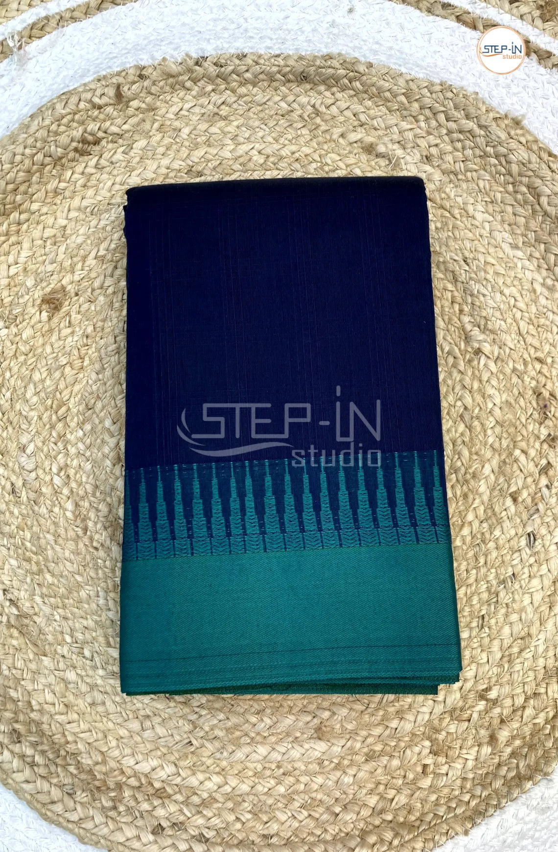 Silk Cotton Saree With Striped Body - Navy Blue with Green