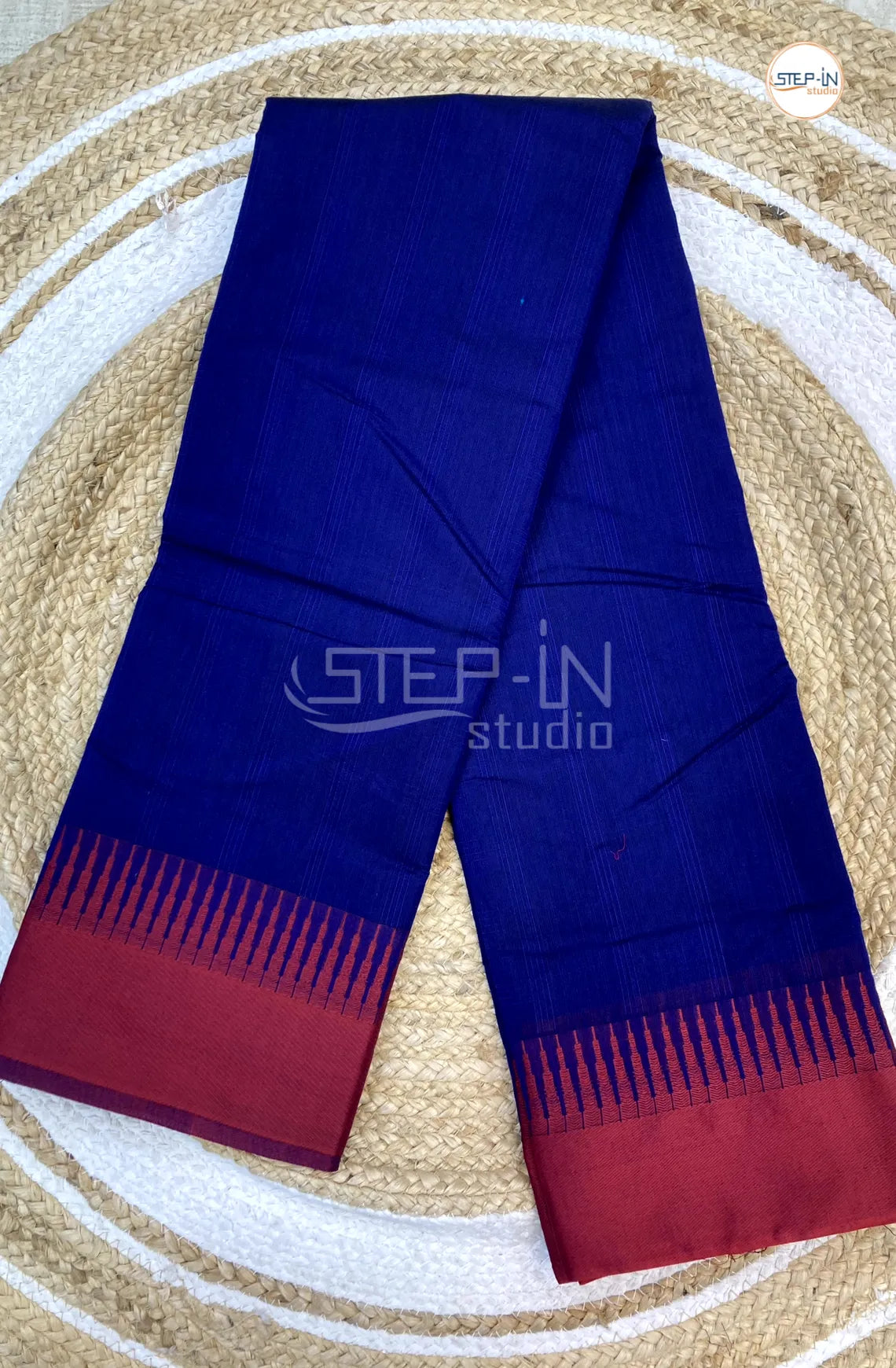 Silk Cotton Saree With Striped Body - Navy Blue with Red