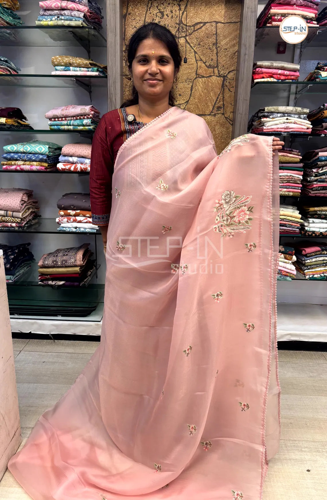 Shimmer Georgette Embroidery Work Saree With Self Pallu & Blouse - Onion Pink