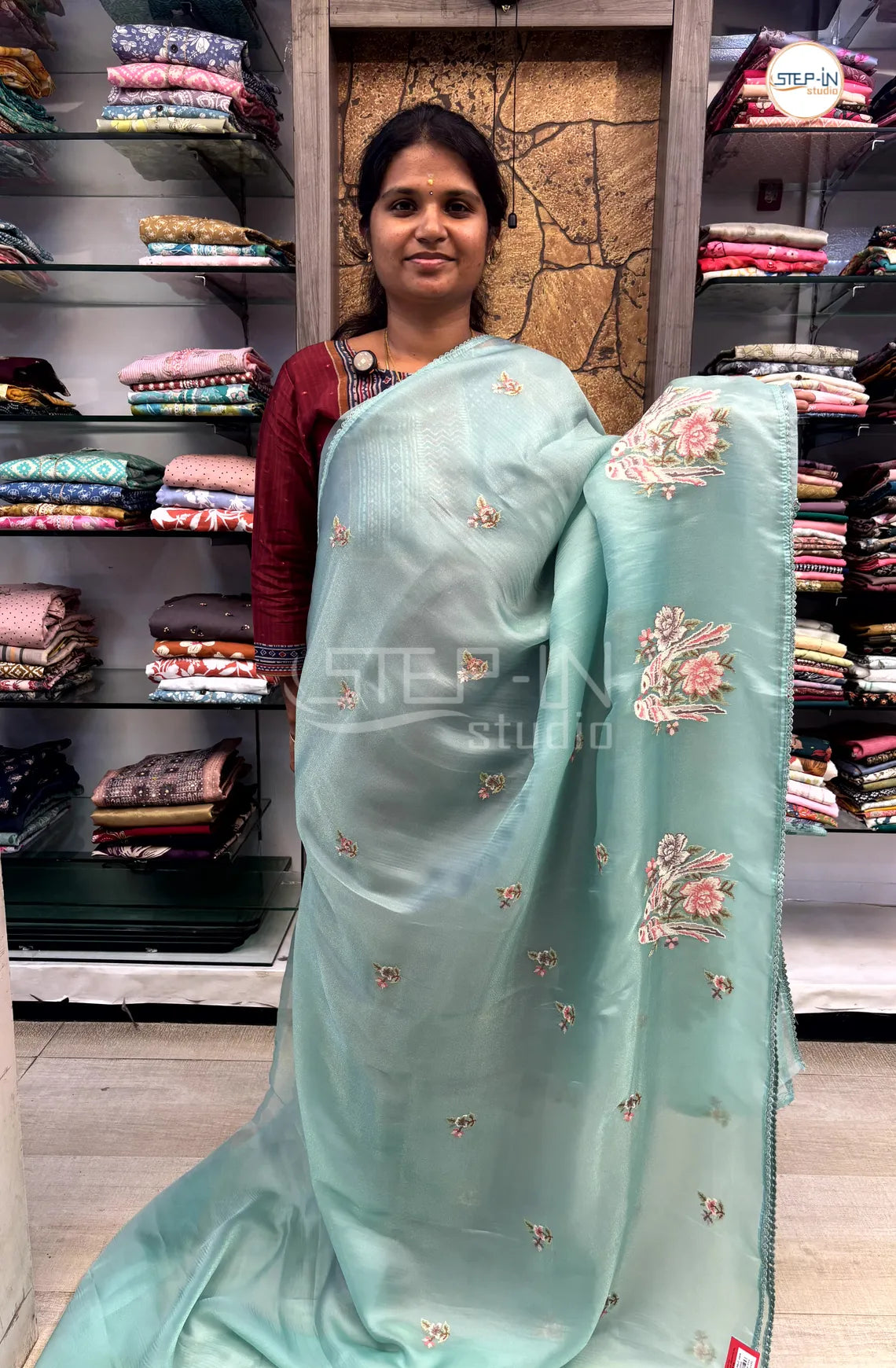 Shimmer Georgette Embroidery Work Saree With Self Pallu & Blouse - Sea Green