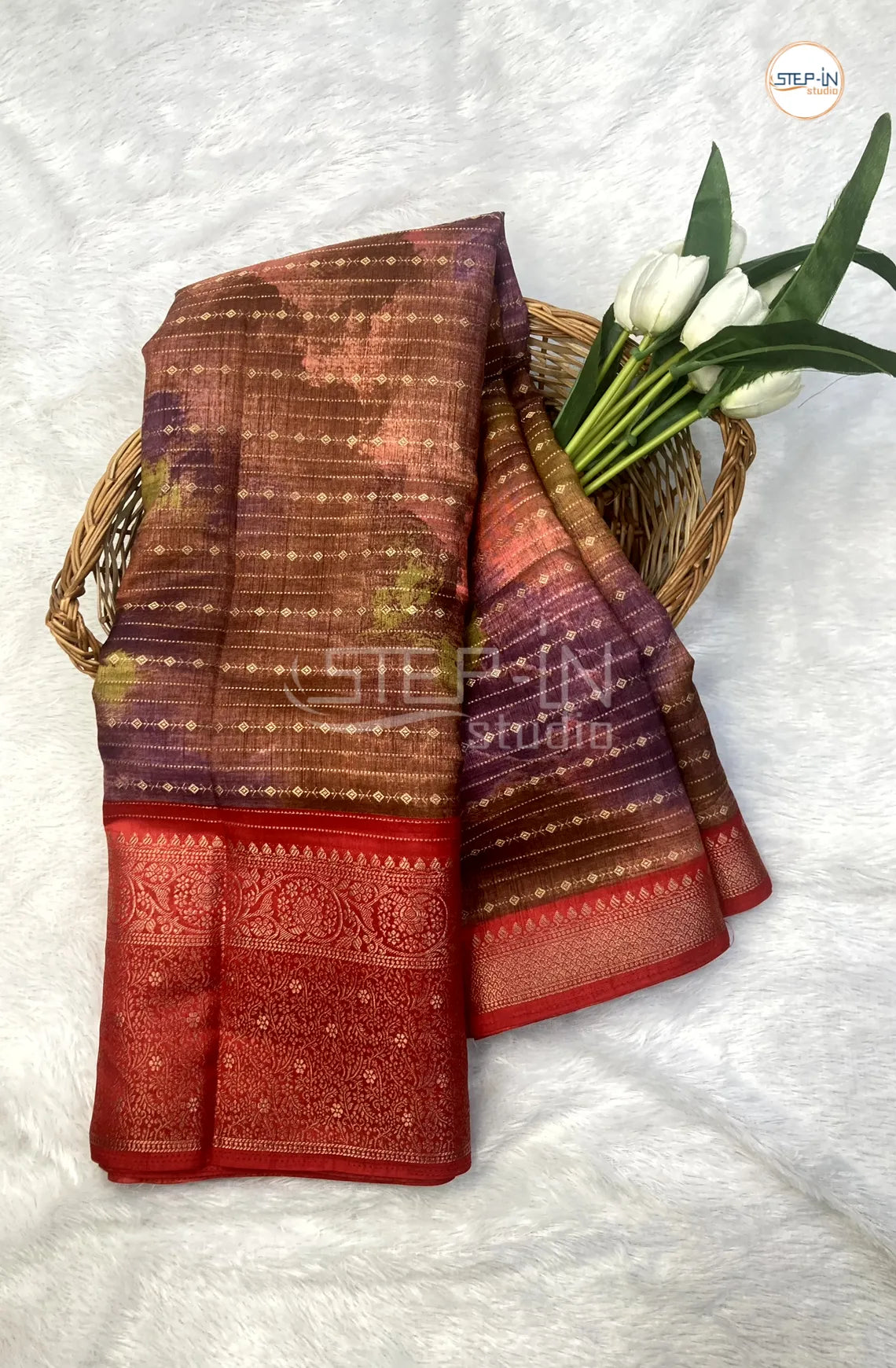 Soft Banarasi Cotton Saree With Contrast Pallu & Border With Blouse - Maroon & Red