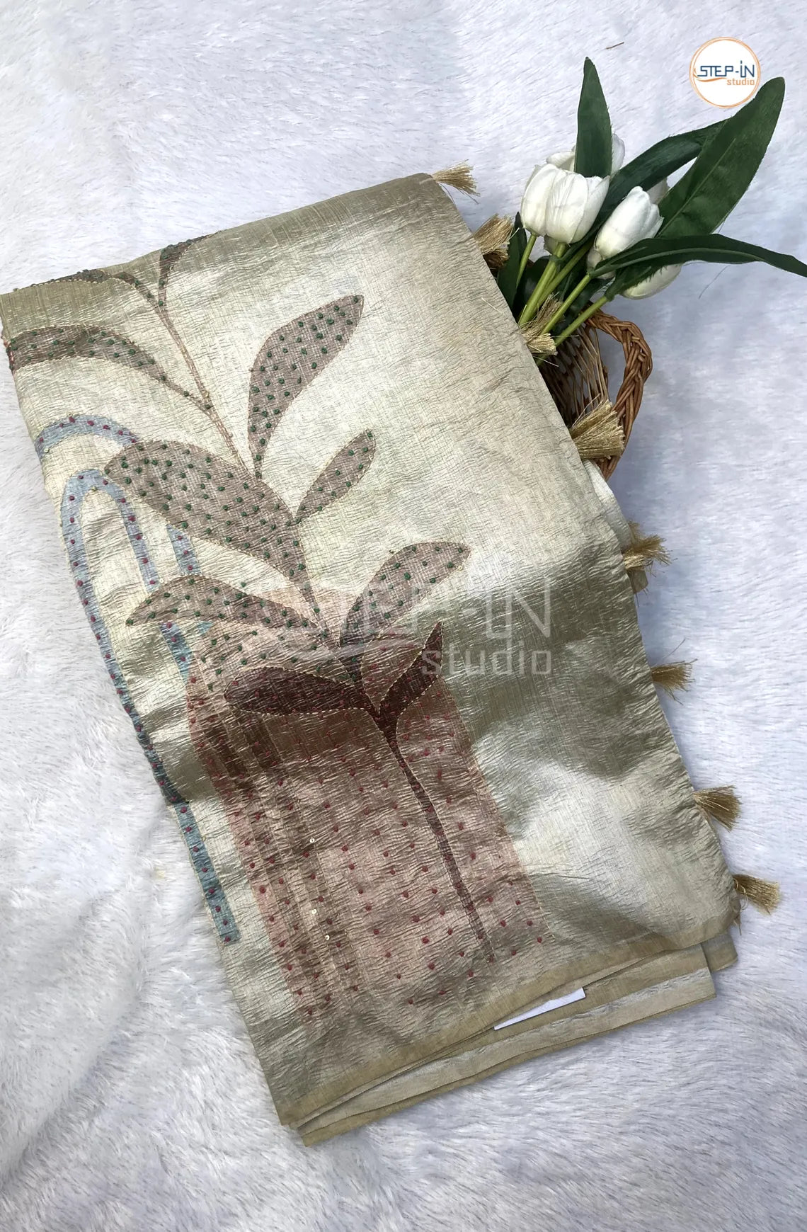 Soft Crush Tusser Saree With French Knot Work in Border & Pallu With Bloue - Beige