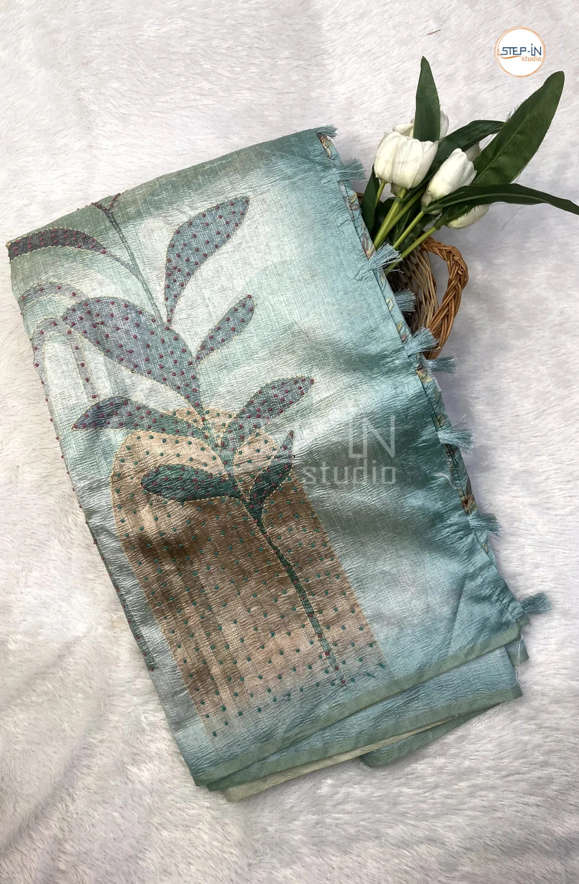 Soft Crush Tusser Saree With French Knot Work in Border & Pallu With Bloue - Sea Blue