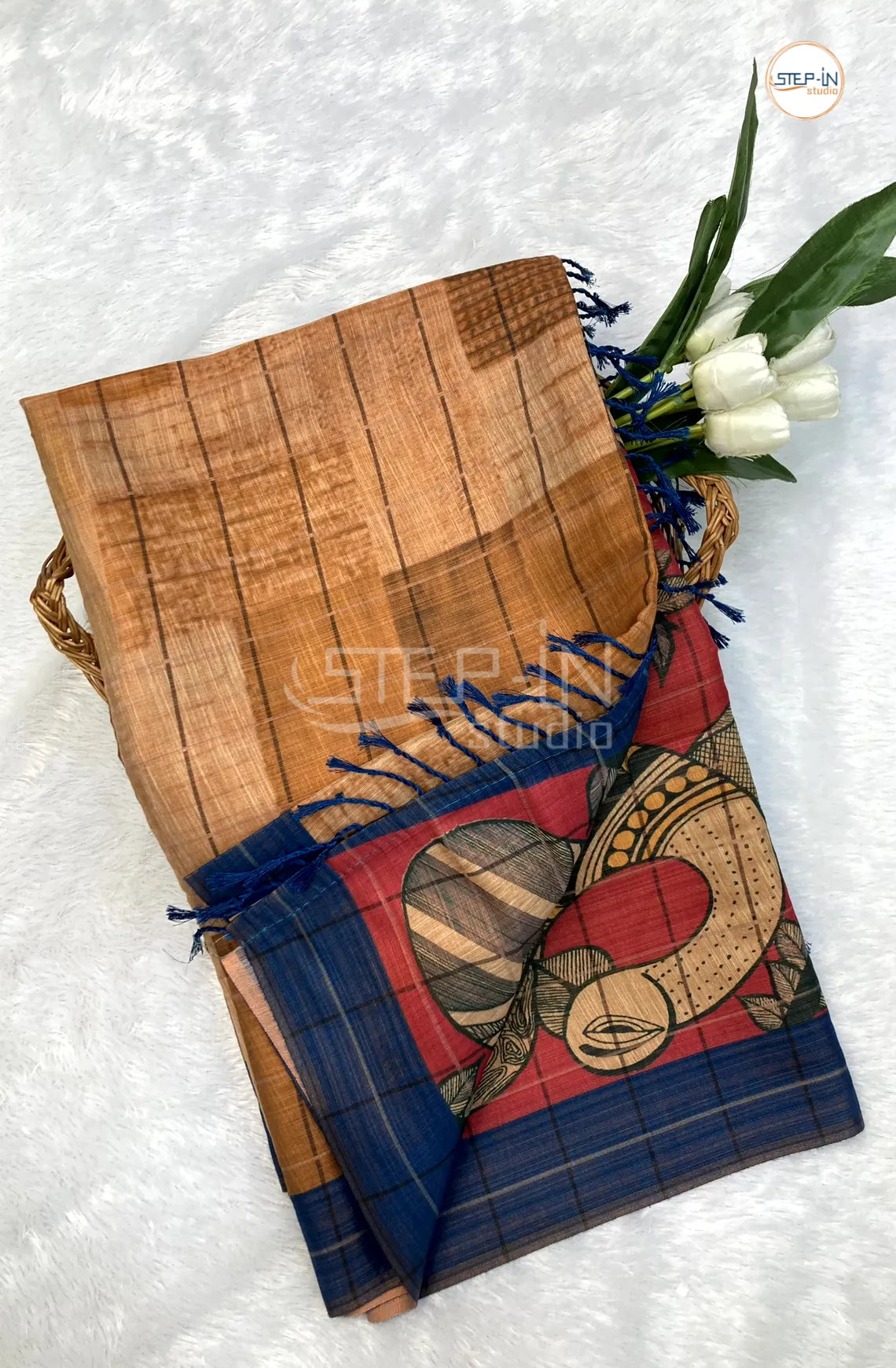 Soft Khadi Cotton Saree With Shibori Printed With Contrast Pallu & Blouse - Mustard Yellow