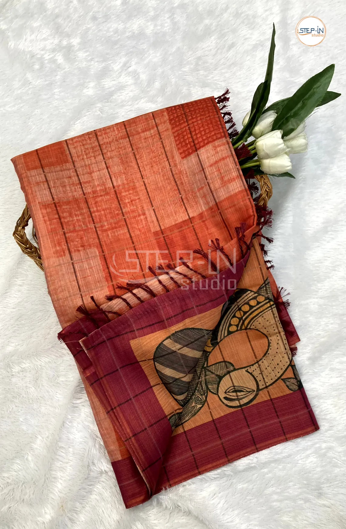 Soft Khadi Cotton Saree With Shibori Printed With Contrast Pallu & Blouse - Orange