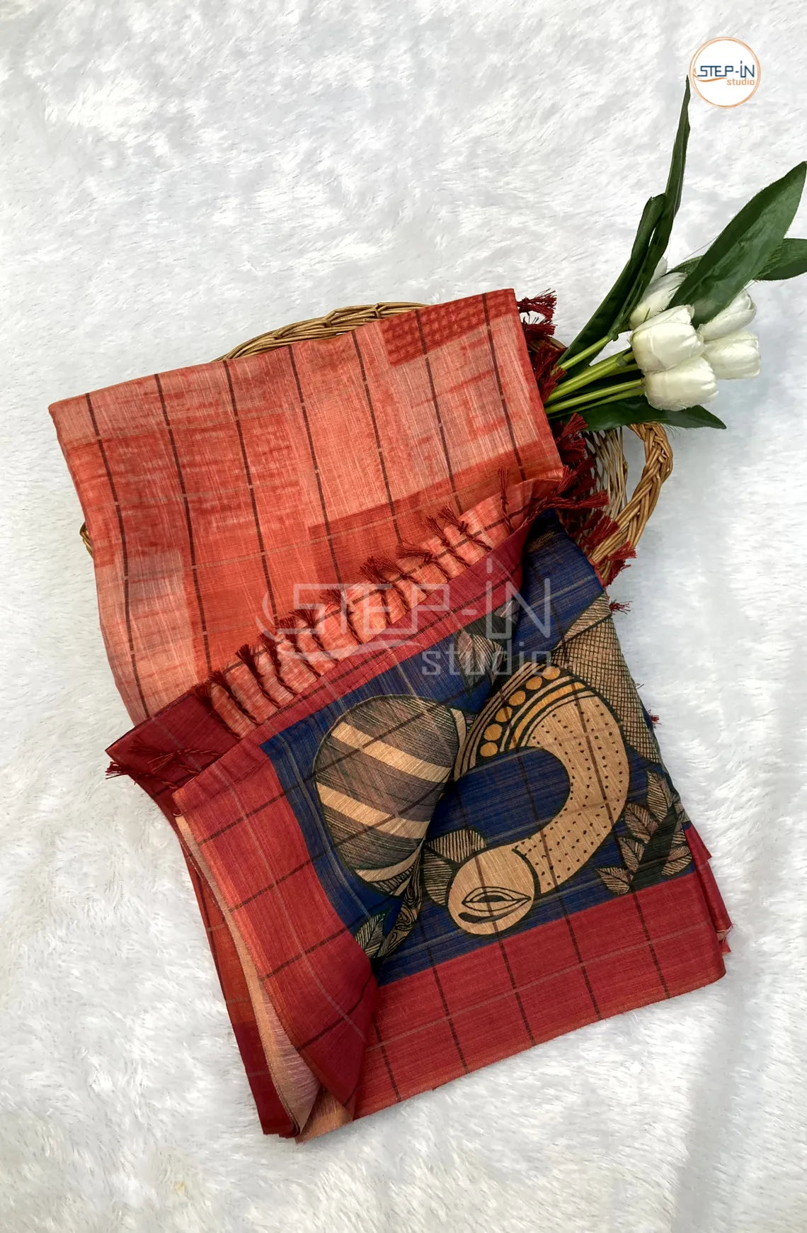 Soft Khadi Cotton Saree With Shibori Printed With Contrast Pallu & Blouse - Red