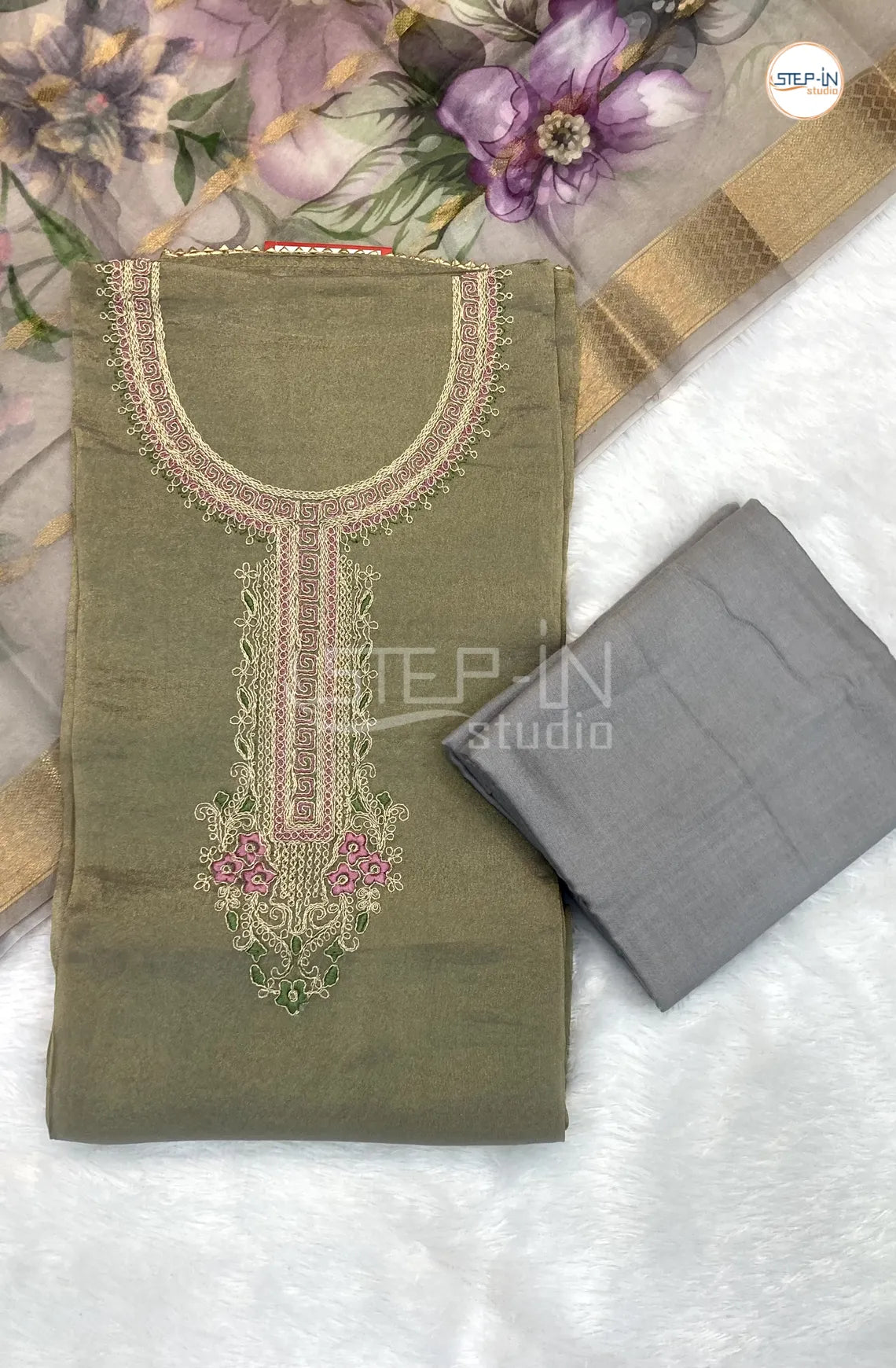 Soft Pine Green Tissu Embroiderd Unstitched Dress Material