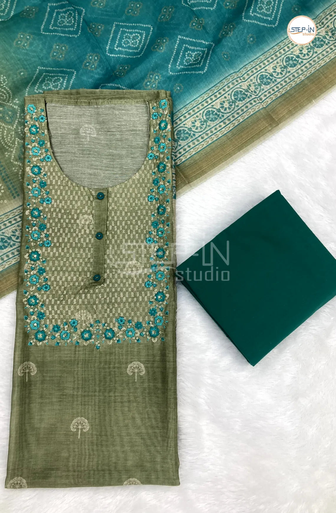 Spring Mass Green Tussar Print & Neck Embroiderd Unstitched Dress Material