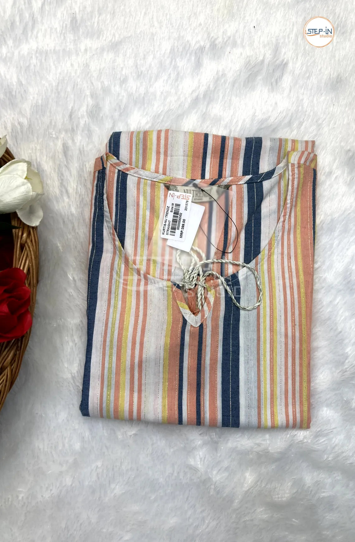 Striped Cotton Tie-up Neck Top - White & Orange