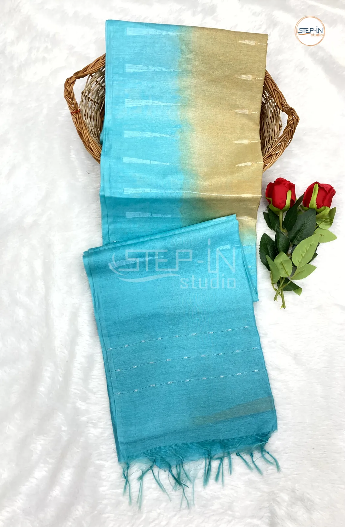 Tan White & Teal Blue design Saree With Ikat Design Contrast Pallu and Border & Contrast Blouse