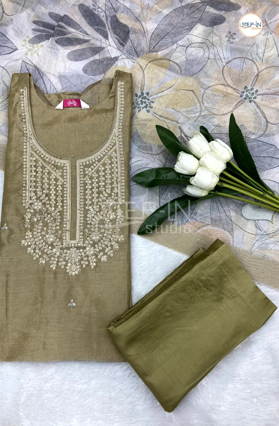 Tissue Embroidery Neck Work Design Kurta With Straight pant & Contrast Digital Print Dupatta-Gold