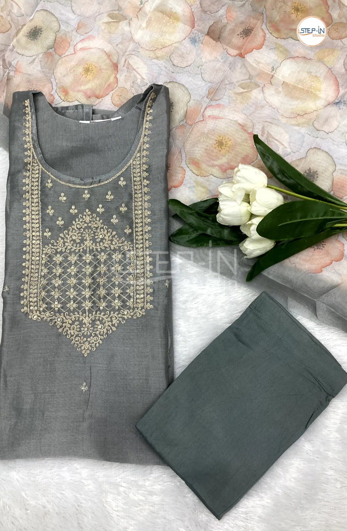 Tissue Embroidery Neck Work Design Kurta With Straight pant & Contrast Digital Print Dupatta- Grey