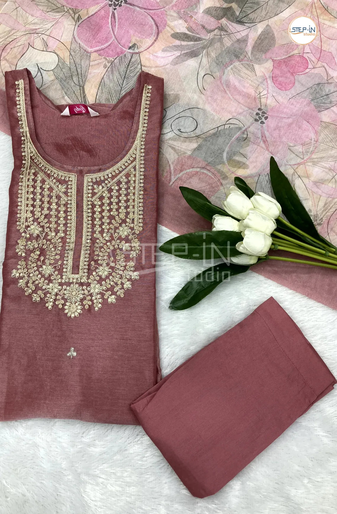 Tissue Embroidery Neck Work Design Kurta With Straight pant & Contrast Digital Print Dupatta-Onion Pink