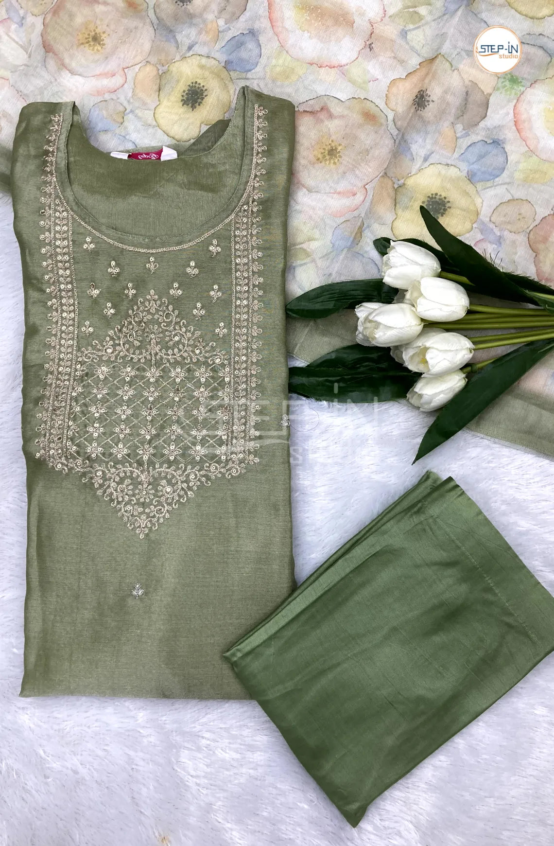 Tissue Embroidery Neck Work Design Kurta With Straight pant & Contrast Digital Print Dupatta- green