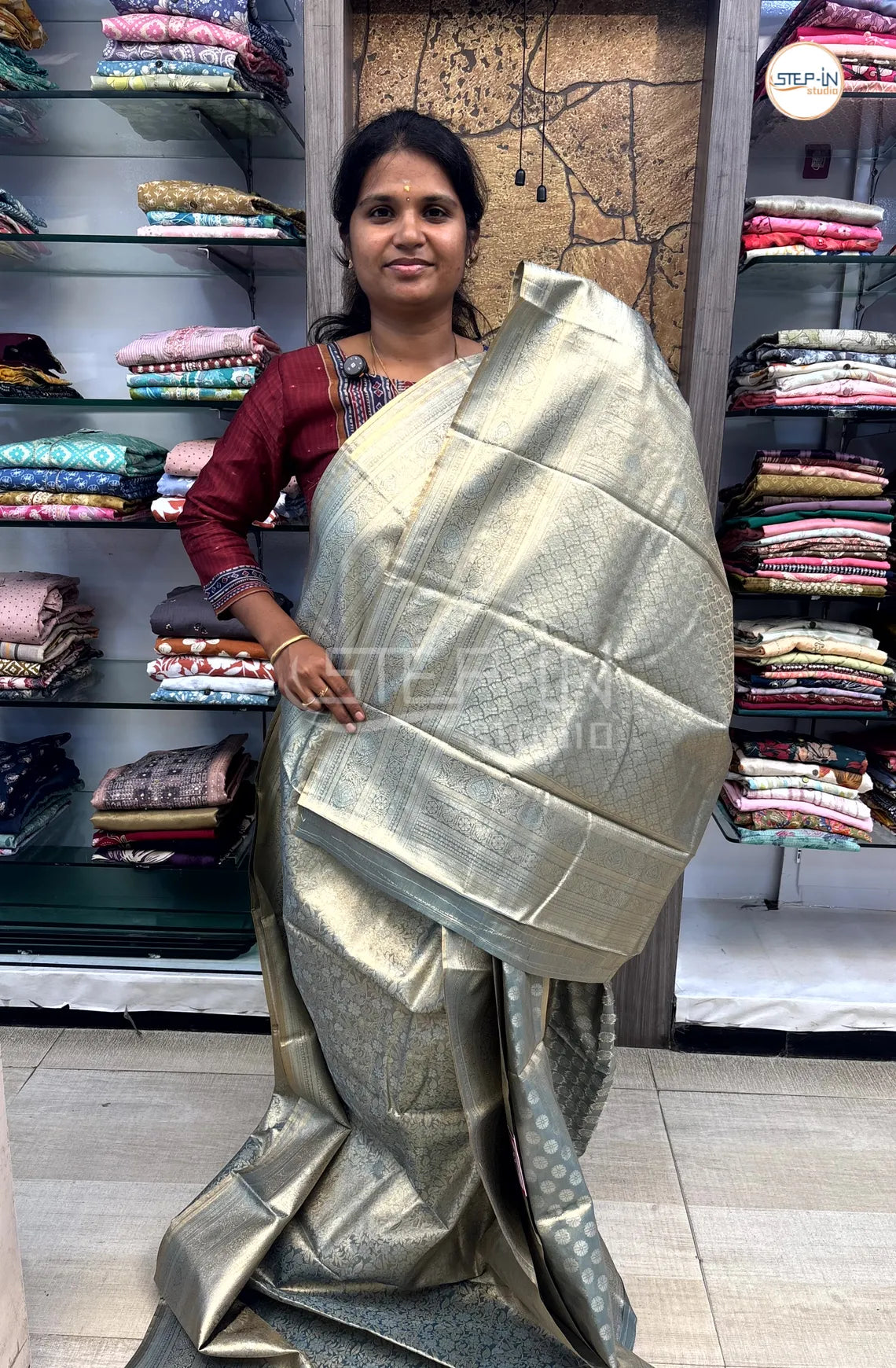 Tissue Silver Zari Weaving Saree With Self Pallu & Blouse - Blue