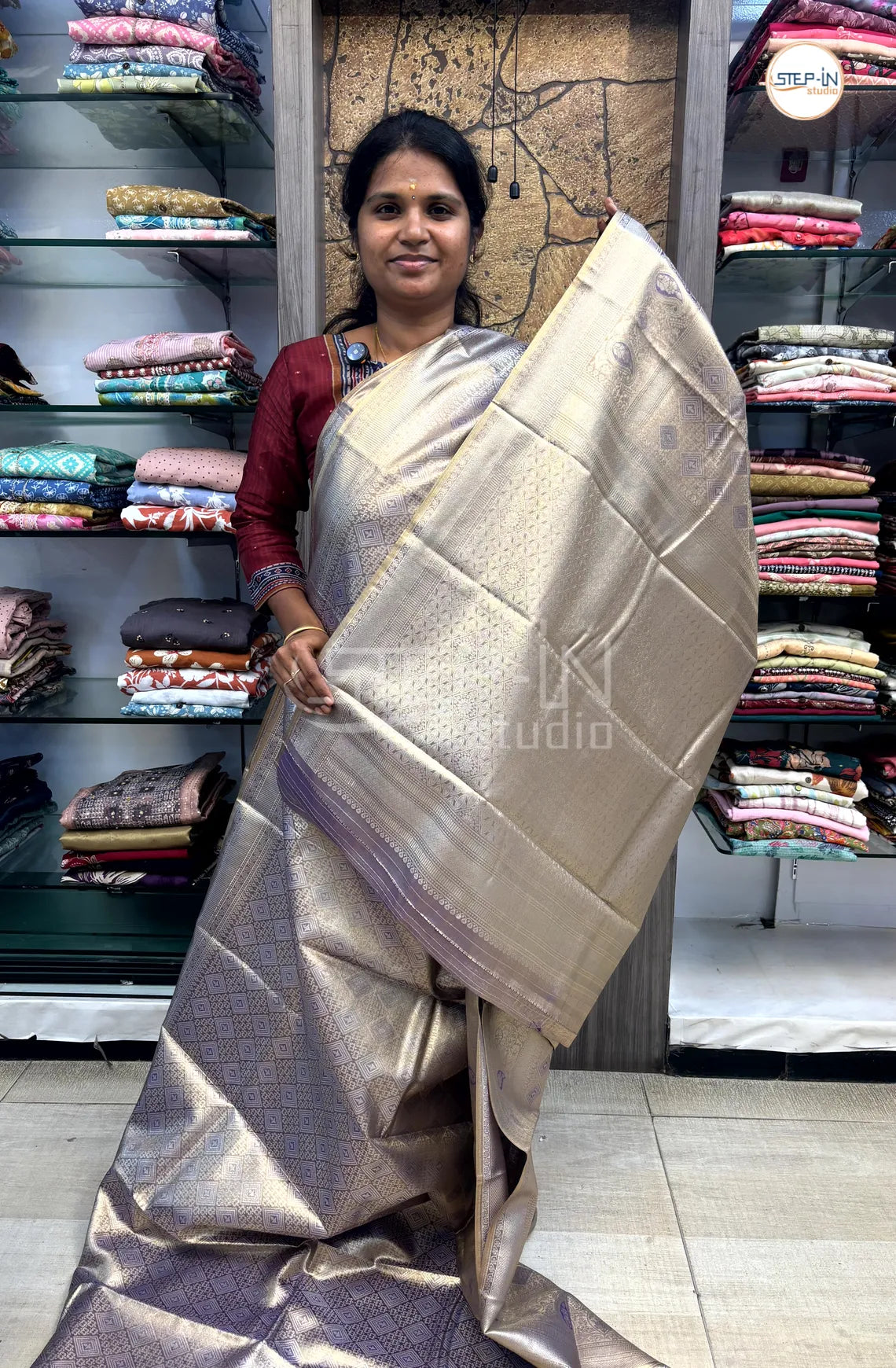 Tissue Silver Zari Weaving Saree With Self Pallu & Blouse - Purple