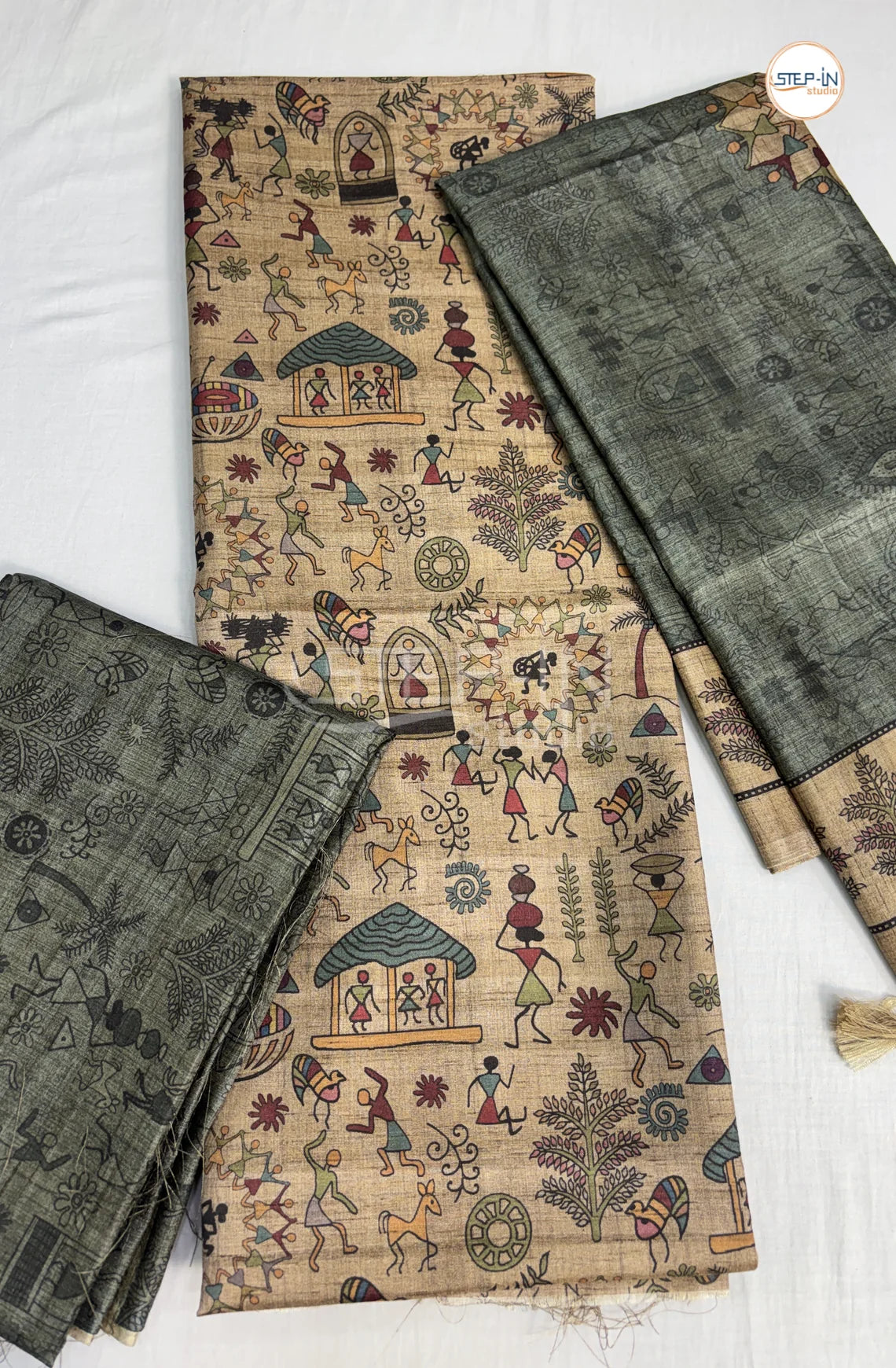 Varli Printed Tusser Salwar Material-Green