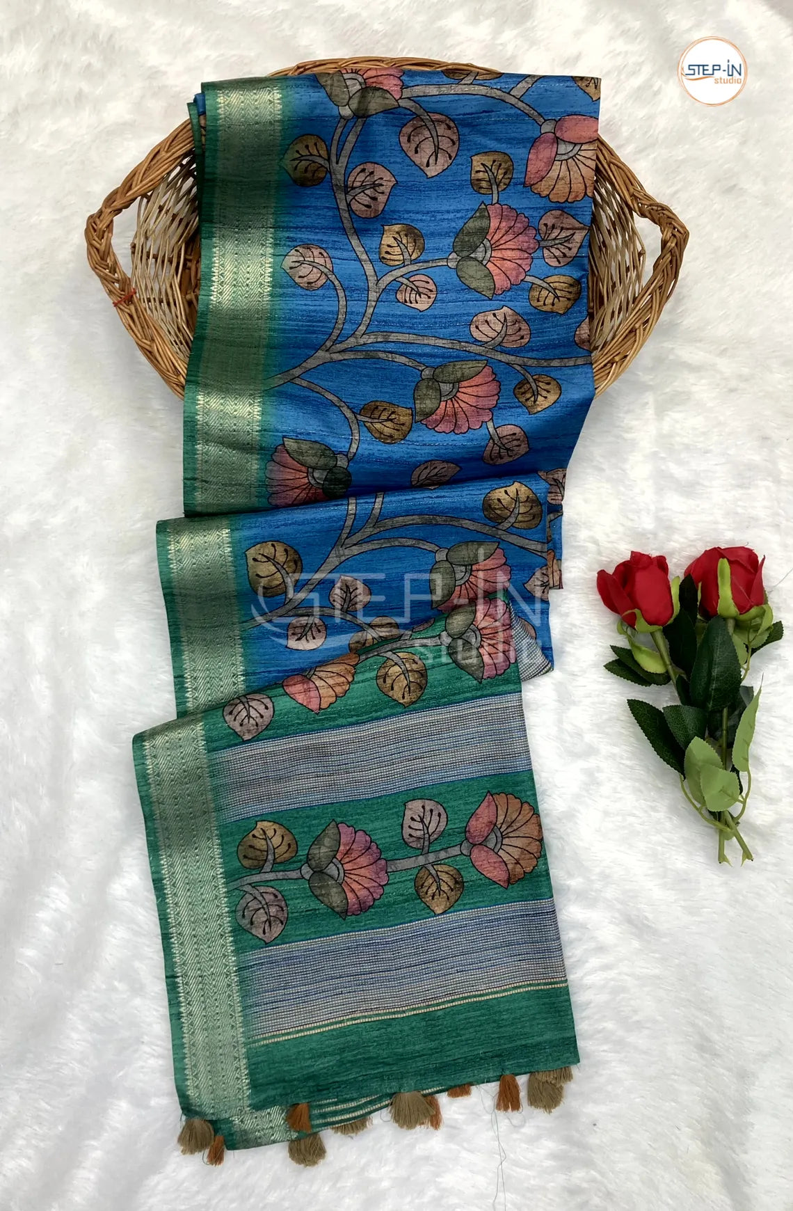 Vivid Blue & Celadon Green Kalamkari Print Tussar Saree With Flower Print Contrast Pallu & silver Zari Border and Contrast Blouse