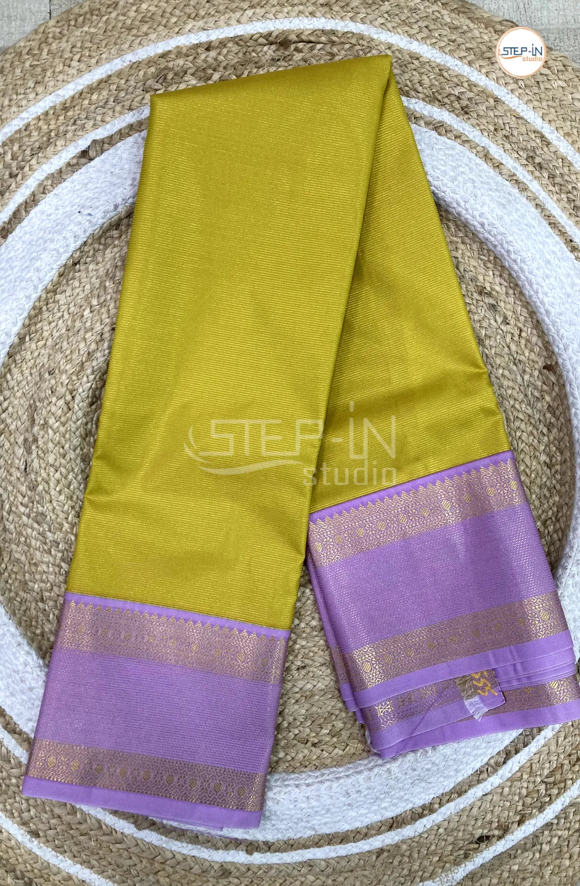Yellow Semi Kanchi Silk Saree With Lavender Contrast Zari Border