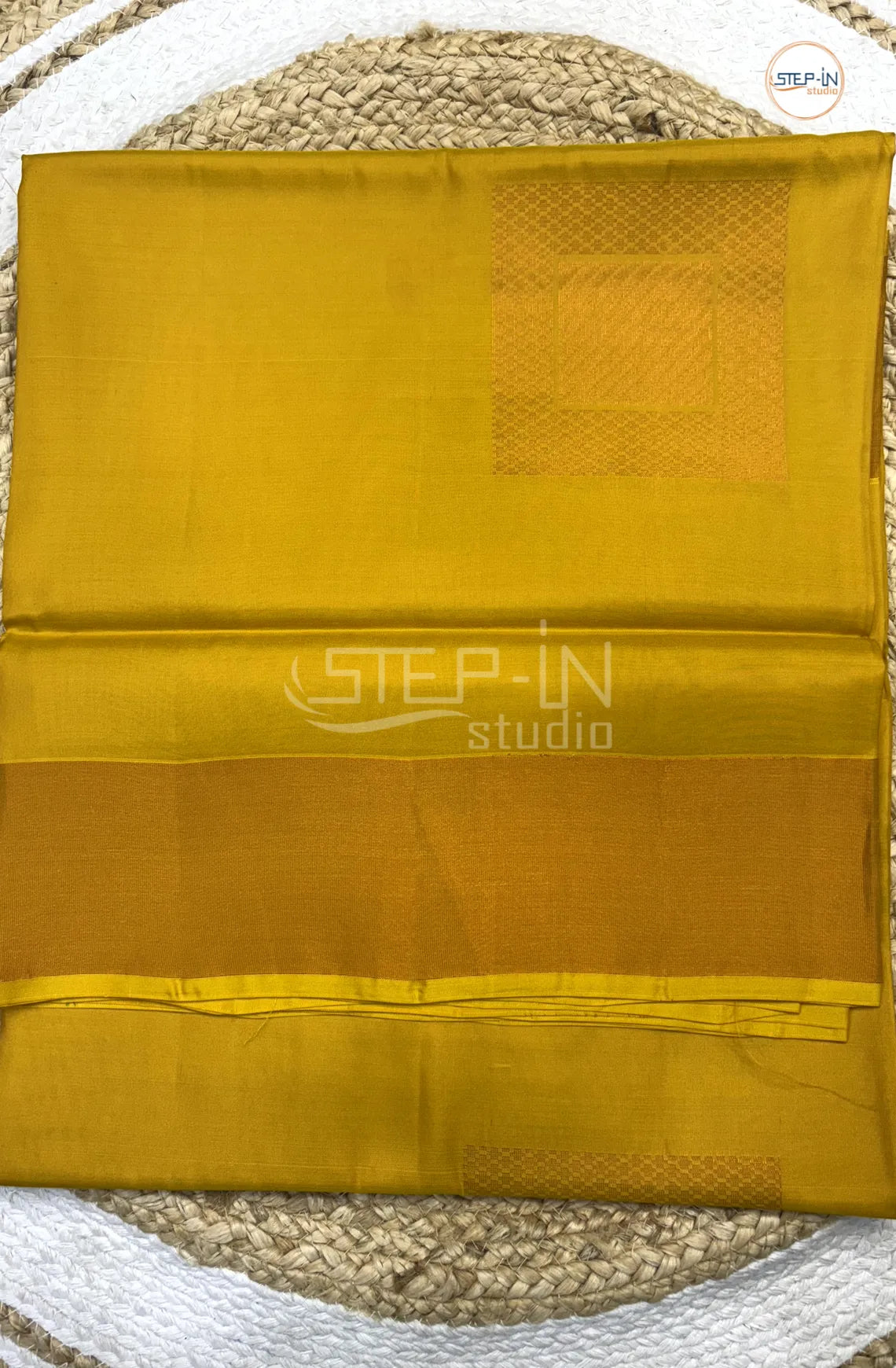Yellow & Green Floral Square Design Soft Silk Saree With Contrast Blouse and Gold Border & Square Design Pallu