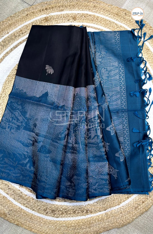 Black & Blue Floral Flower Design Soft Silk Saree With Contrast Blouse and Zari Big Nature Design Border & Flower Design Pallu