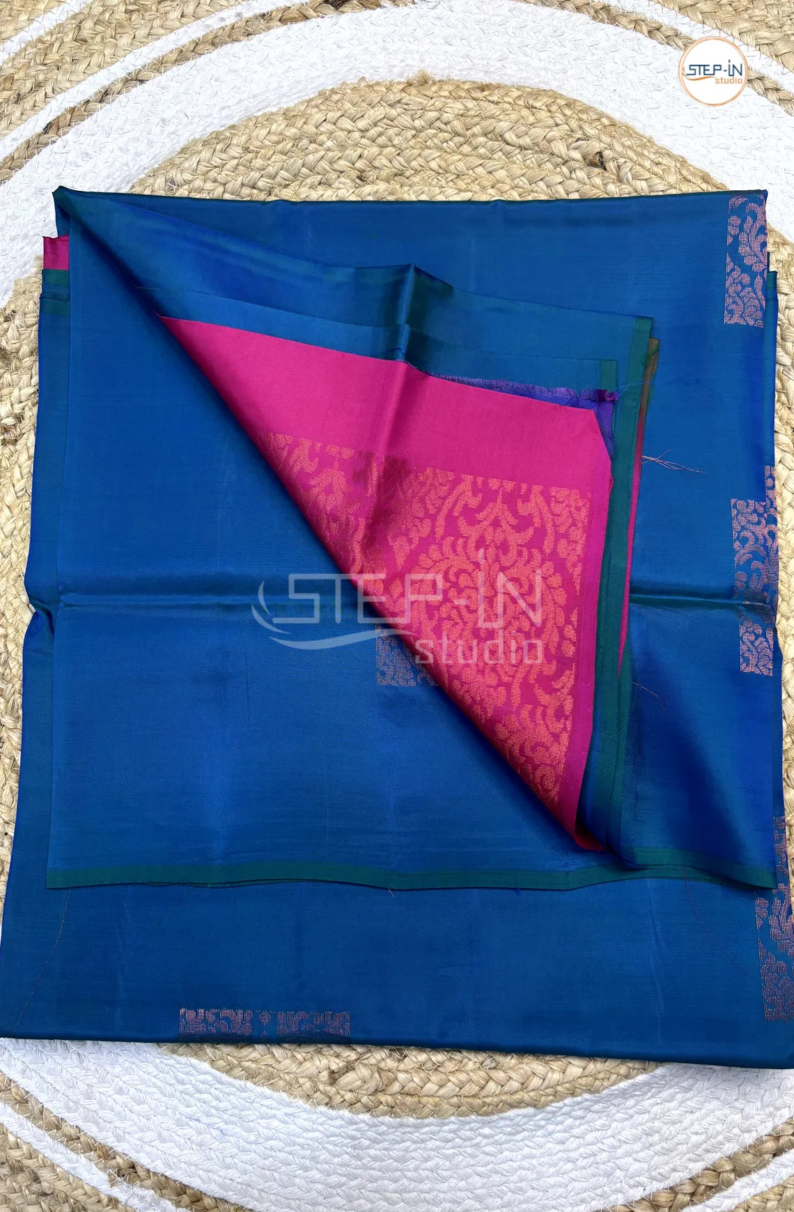 Blue & Rose Pink  Floral Square Design Soft Silk Saree With Contrast Blouse and Plain Border & Design Pallu