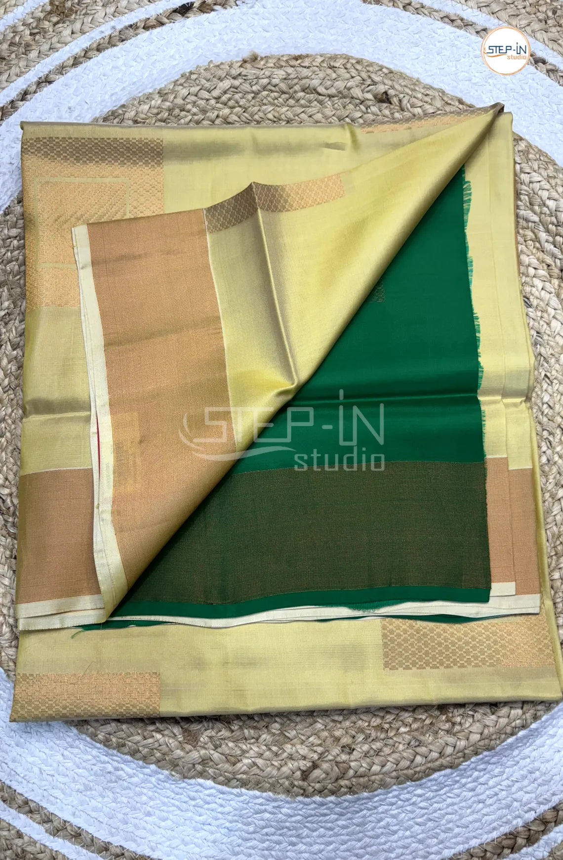 Cream White & Green Floral Square Design Soft Silk Saree With Contrast Blouse and Plain Gold Border &  Design Pallu